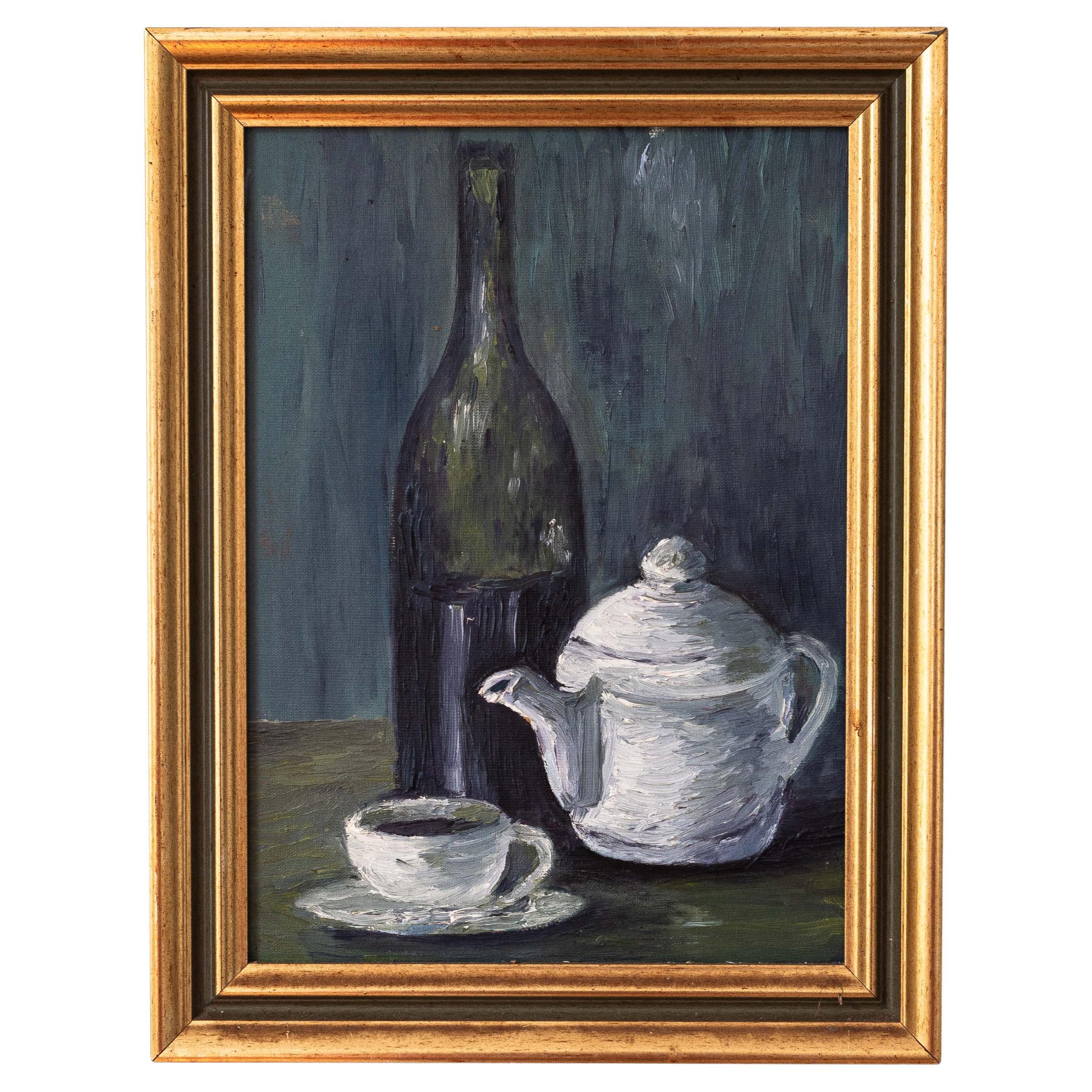 1960s Still Life Oil Painting with Bottle, Cup, and Teapot, French Mid-Century For Sale