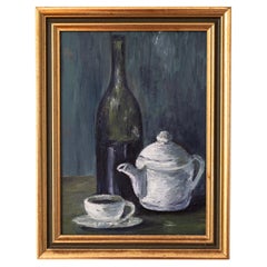 1960s Still Life Oil Painting with Bottle, Cup, and Teapot, French Mid-Century