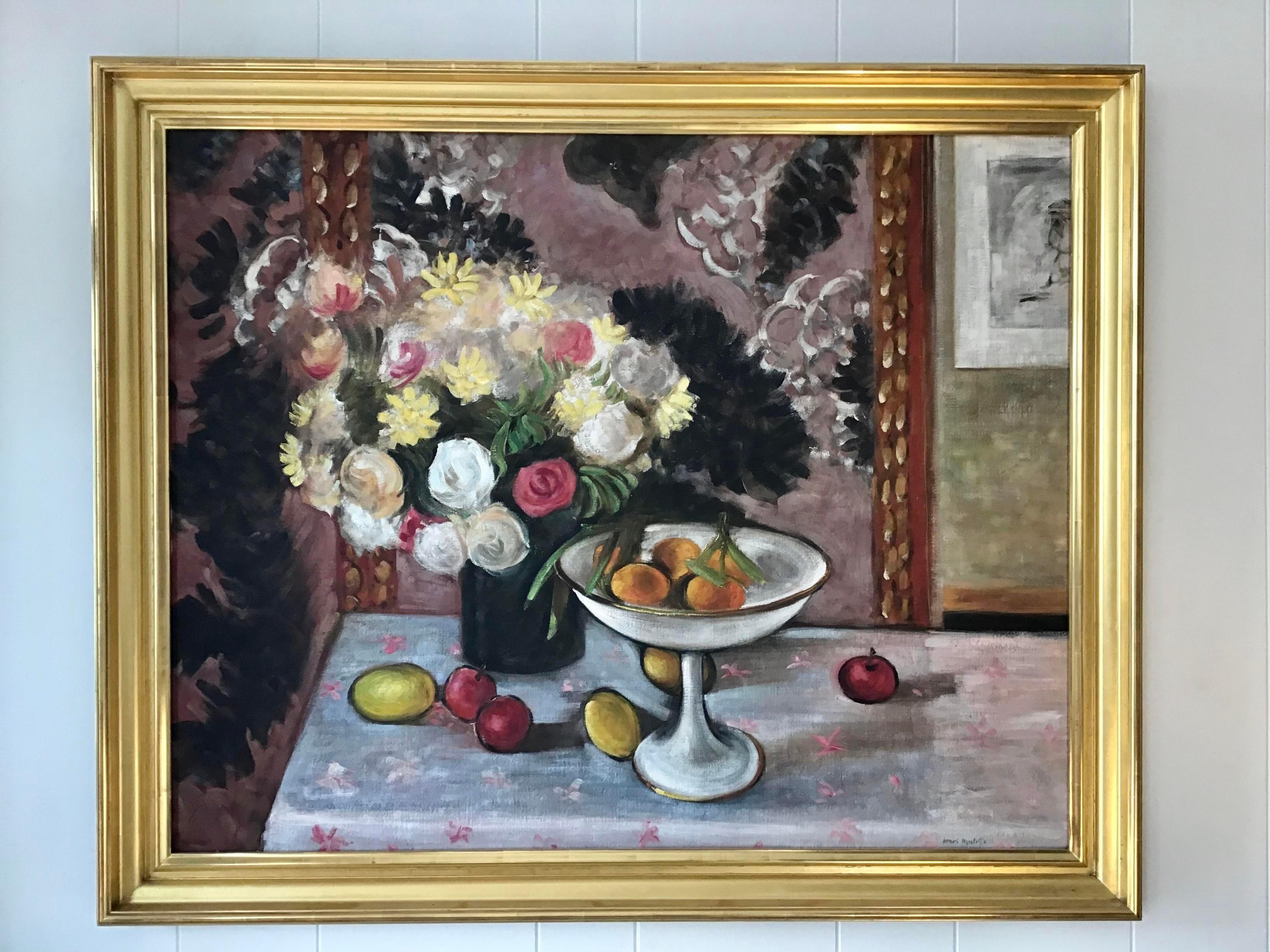 Very large still life painting in the style of Henri Matisse. Wonderful gold frame. Add some drama to your interior.