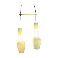 1960s Stilnovo Italian Double Pendant Lamp Frosted Glass Brass Sway Bar