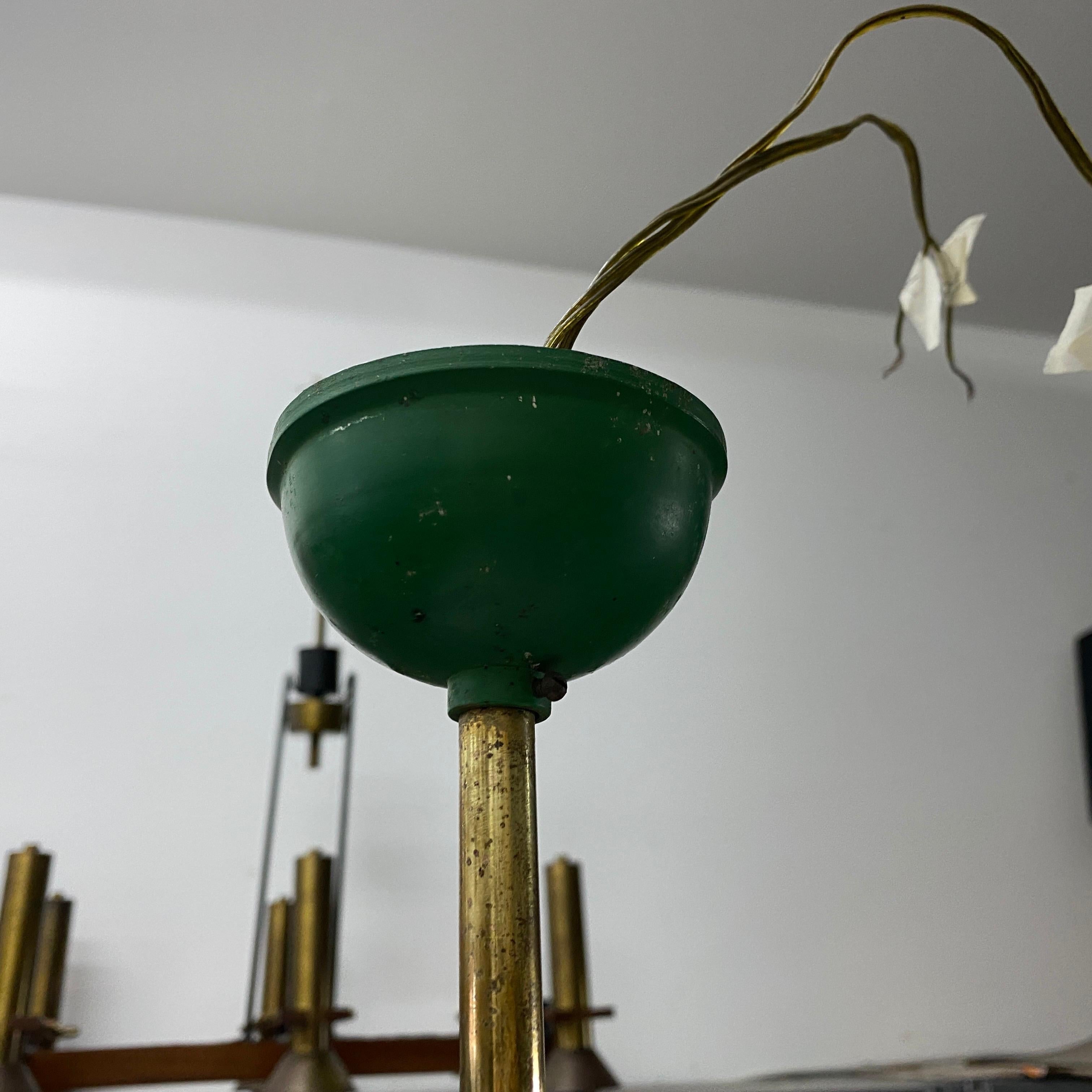 1960s Stilnovo Style Mid-Century Modern Green Metal, Brass and Glass Chandelier For Sale 5