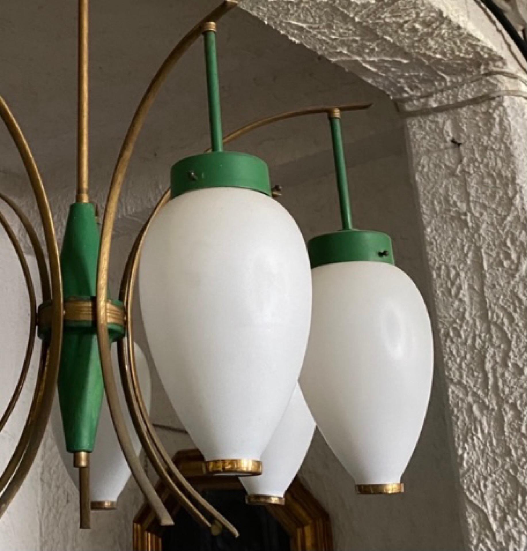 1960s Stilnovo Style Mid-Century Modern Green Metal, Brass and Glass Chandelier For Sale 6