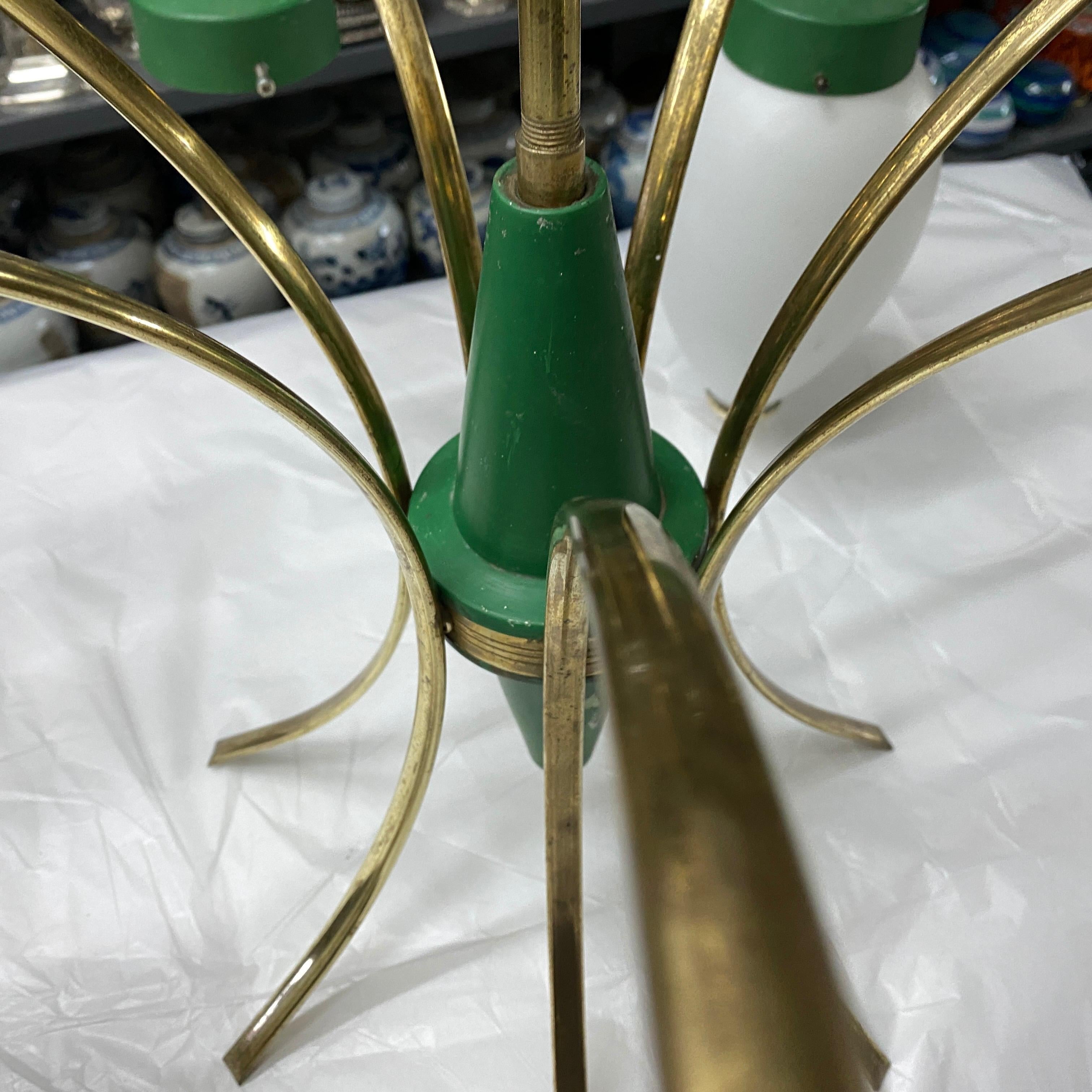 20th Century 1960s Stilnovo Style Mid-Century Modern Green Metal, Brass and Glass Chandelier For Sale