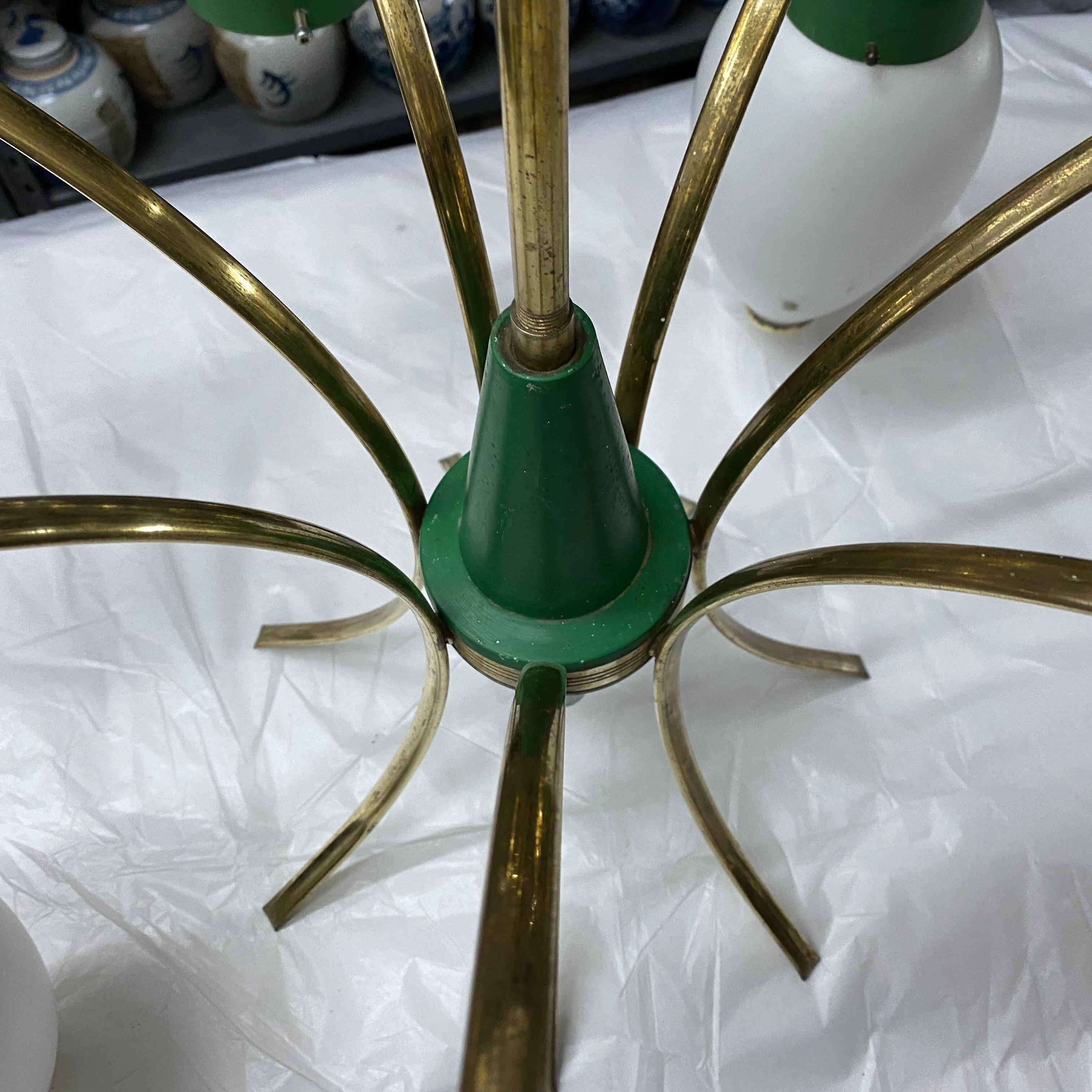 1960s Stilnovo Style Mid-Century Modern Green Metal, Brass and Glass Chandelier For Sale 2