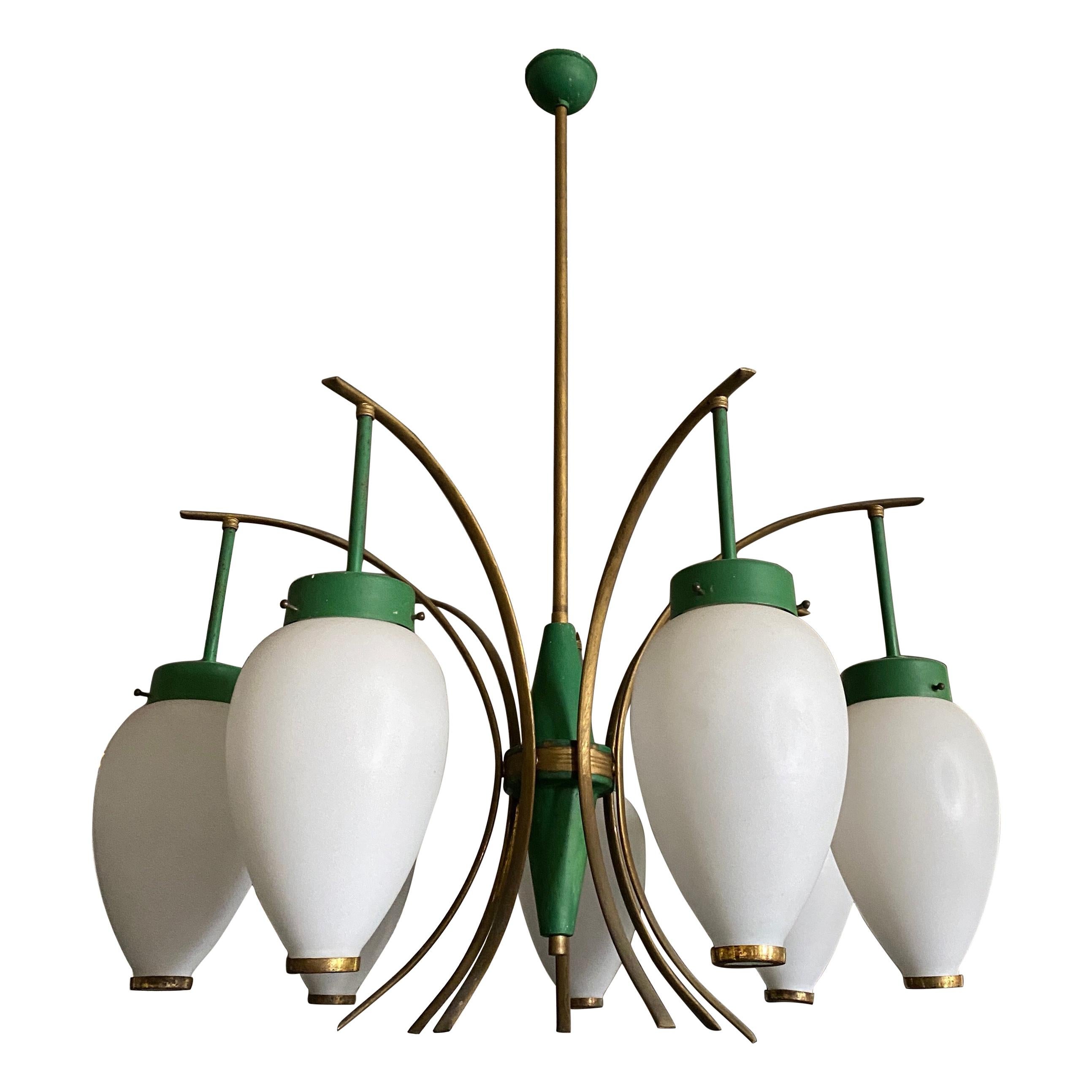 1960s Stilnovo Style Mid-Century Modern Green Metal, Brass and Glass Chandelier