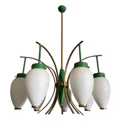 1960s Stilnovo Style Mid-Century Modern Brass and Glass Chandelier