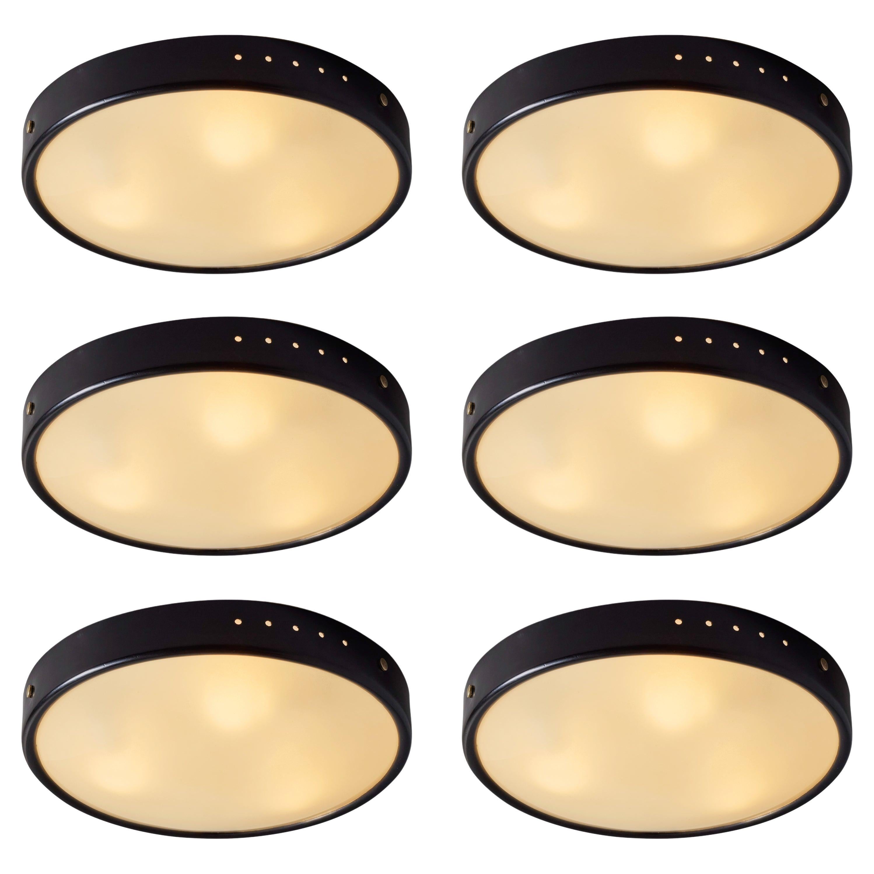 1960s Stilnovo Perforated Black Metal & Opaline Glass Flush Mount