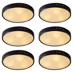 1960s Stilnovo Perforated Black Metal & Opaline Glass Flush Mount