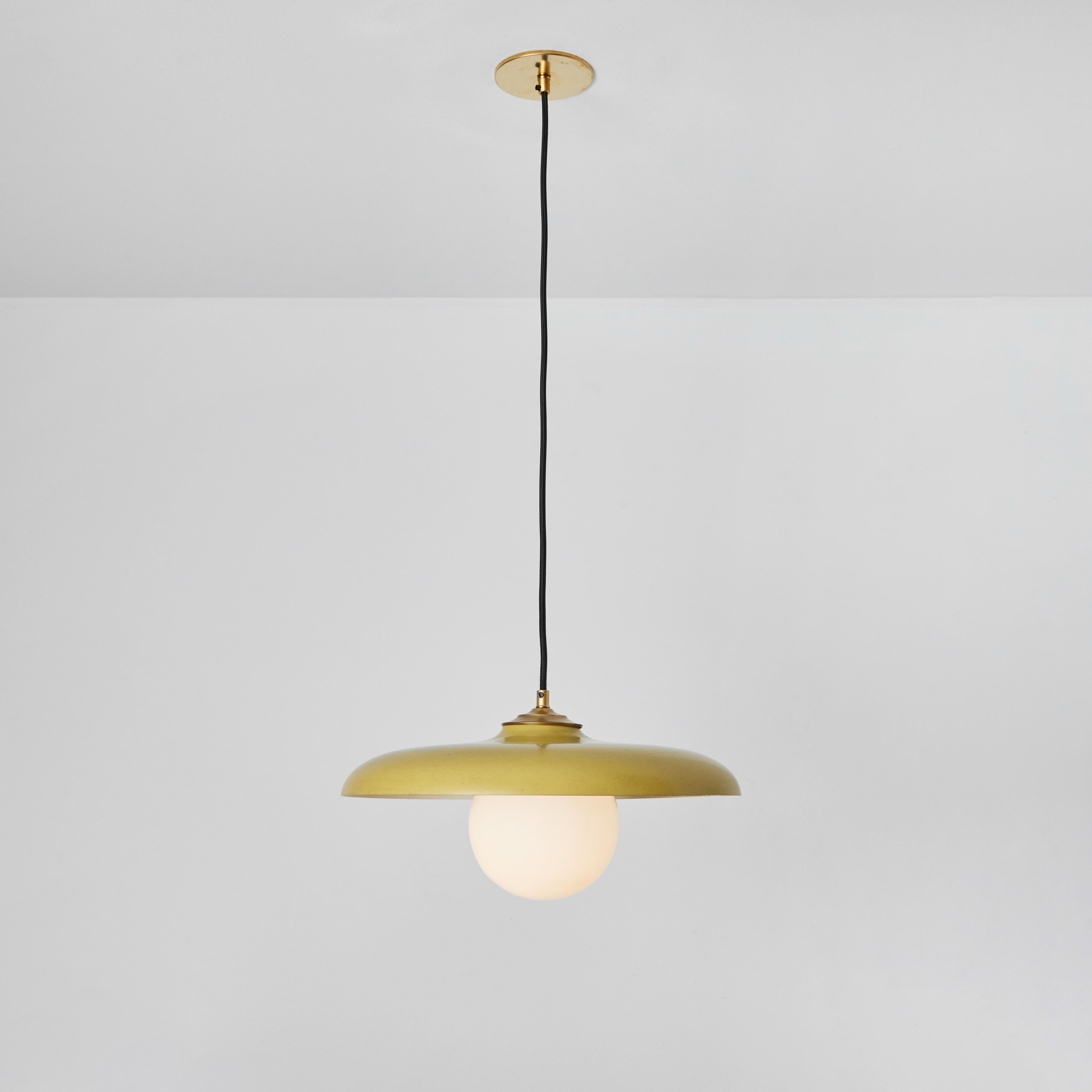 Italian 1960s Stilux Milano Yellow Painted Metal & Opaline Globe Glass Pendant Lamp For Sale