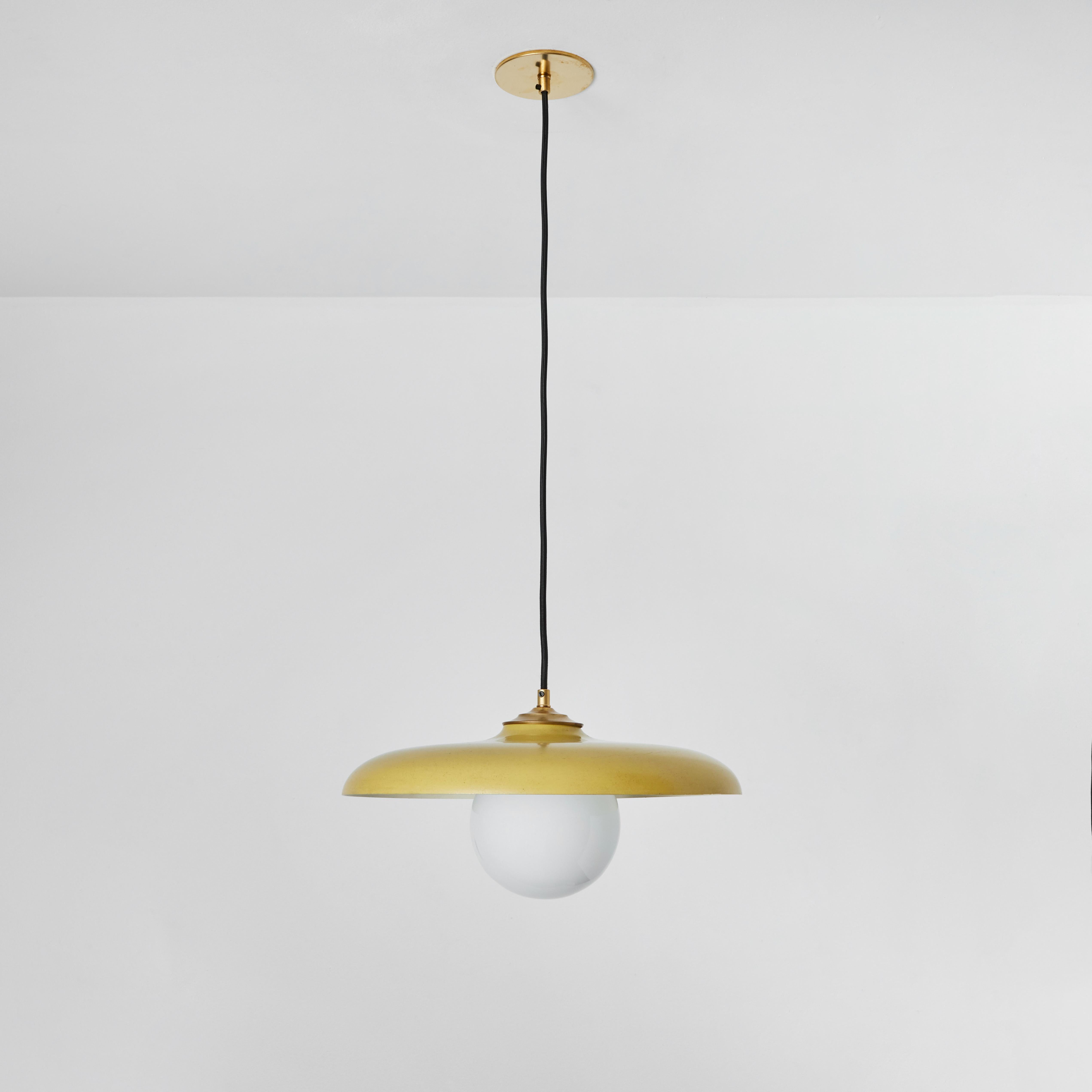 1960s Stilux Milano Yellow Painted Metal & Opaline Globe Glass Pendant Lamp In Good Condition For Sale In Glendale, CA