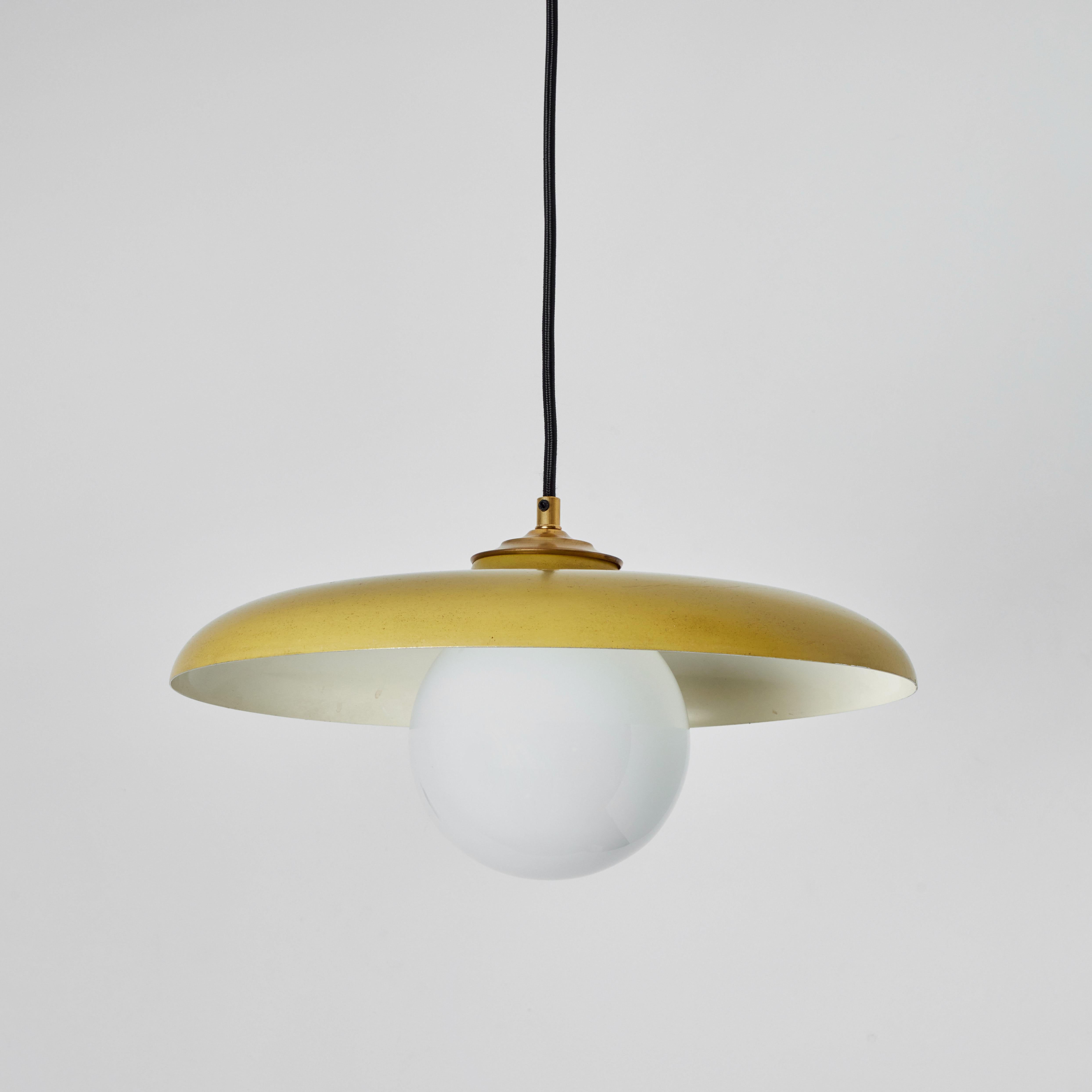 Mid-20th Century 1960s Stilux Milano Yellow Painted Metal & Opaline Globe Glass Pendant Lamp For Sale