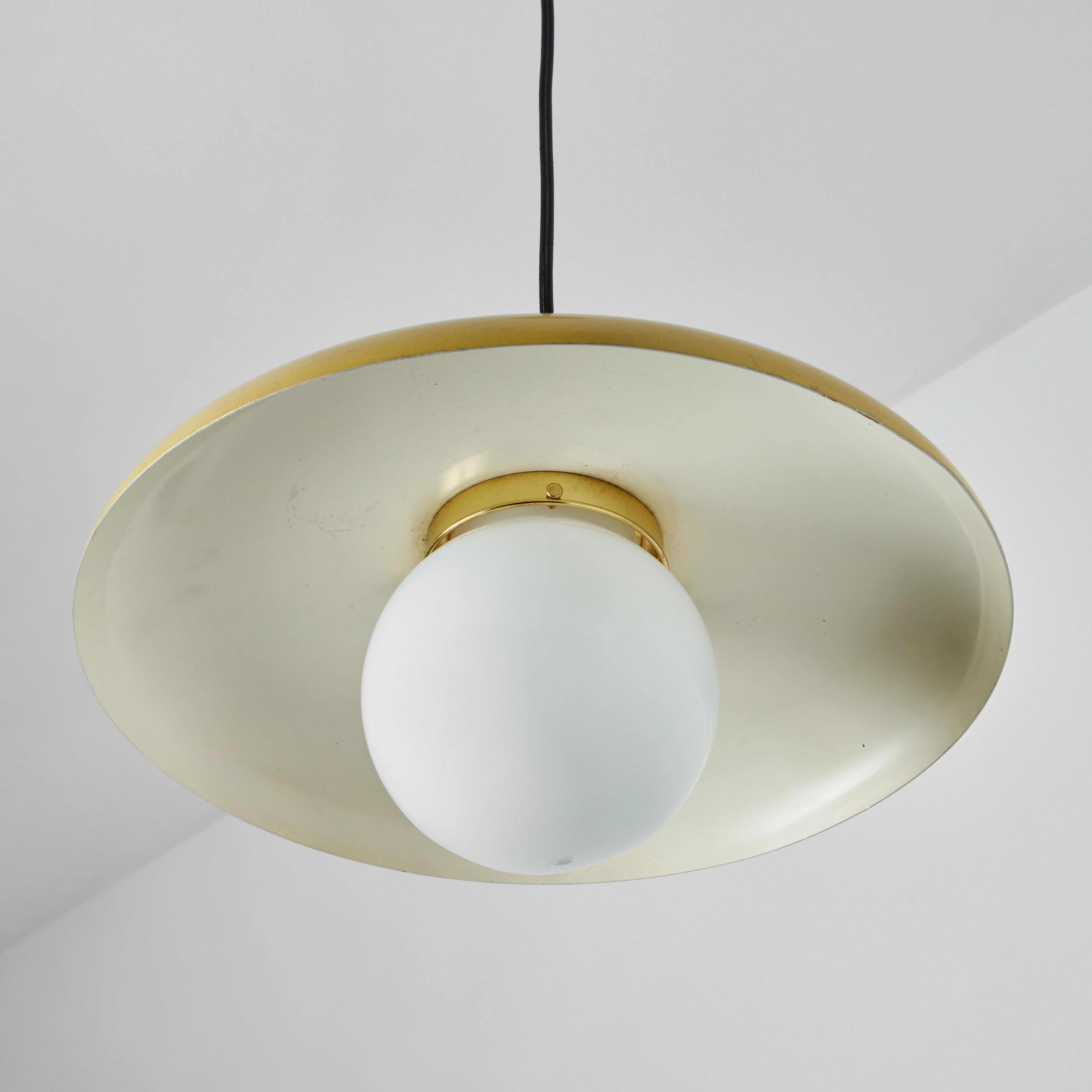 1960s Stilux Milano Yellow Painted Metal & Opaline Globe Glass Pendant Lamp For Sale 3