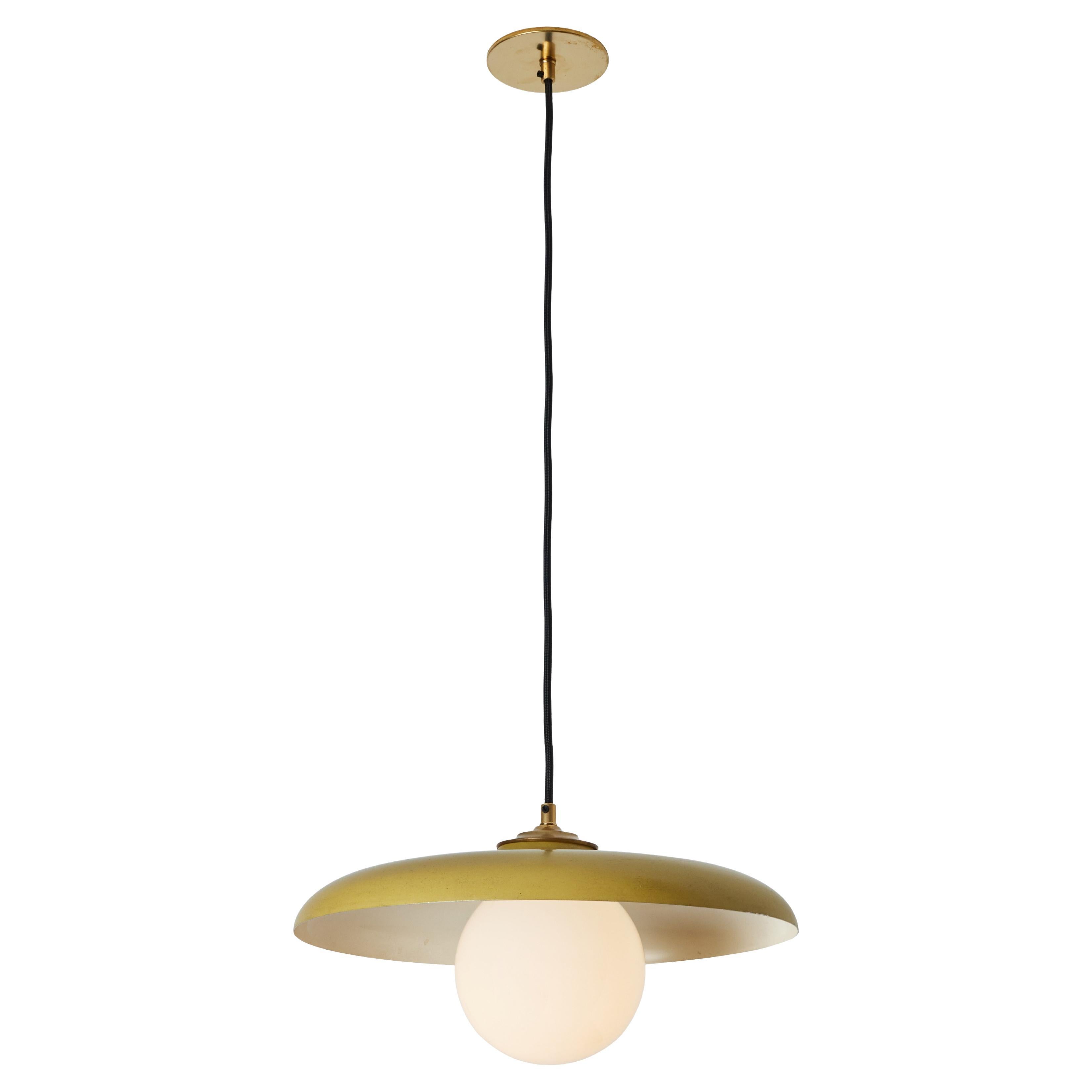 1960s Stilux Milano Yellow Painted Metal & Opaline Globe Glass Pendant Lamp For Sale