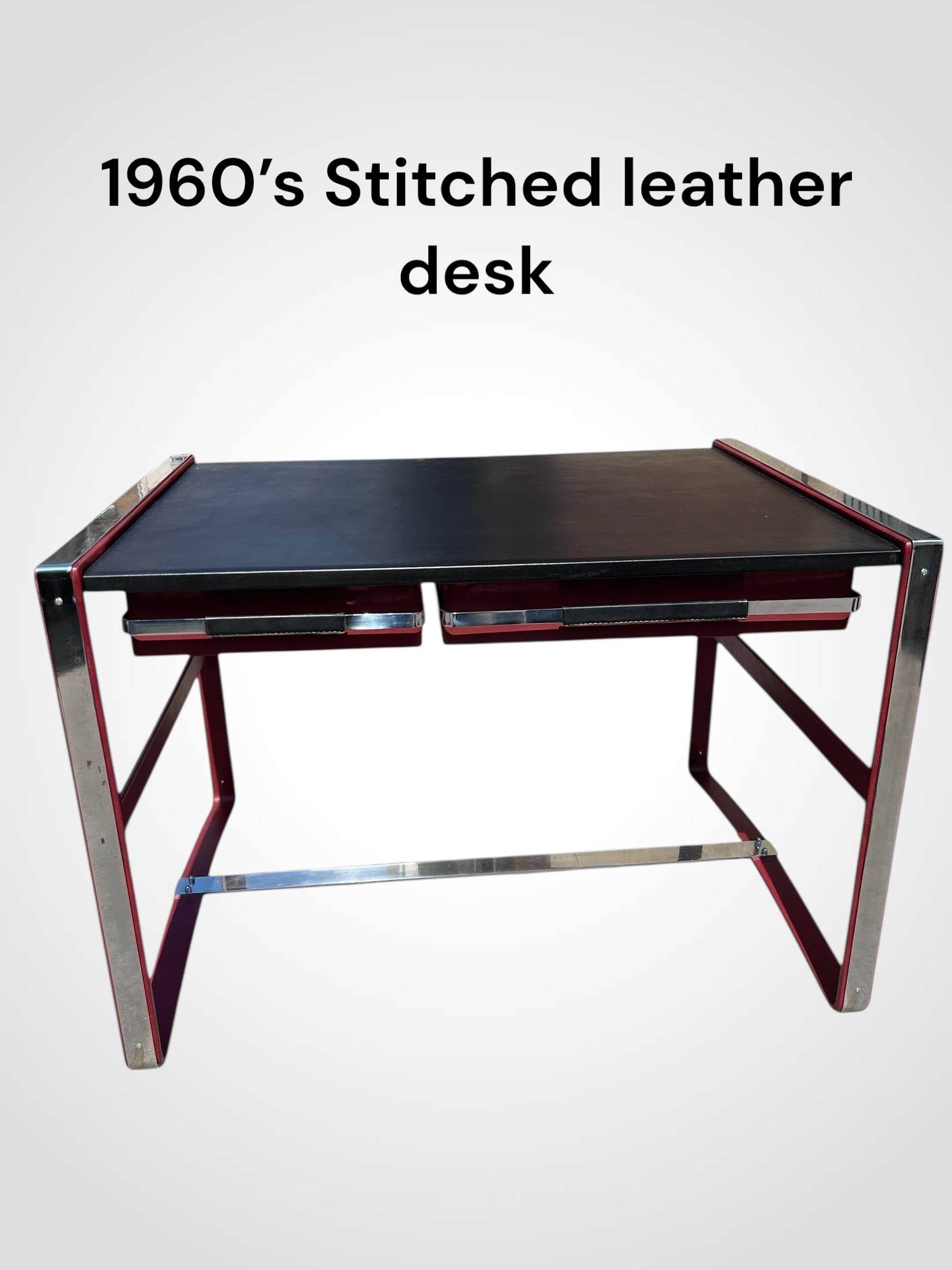 1960's Stitched leather desk by Jacques Adnet For Sale 8
