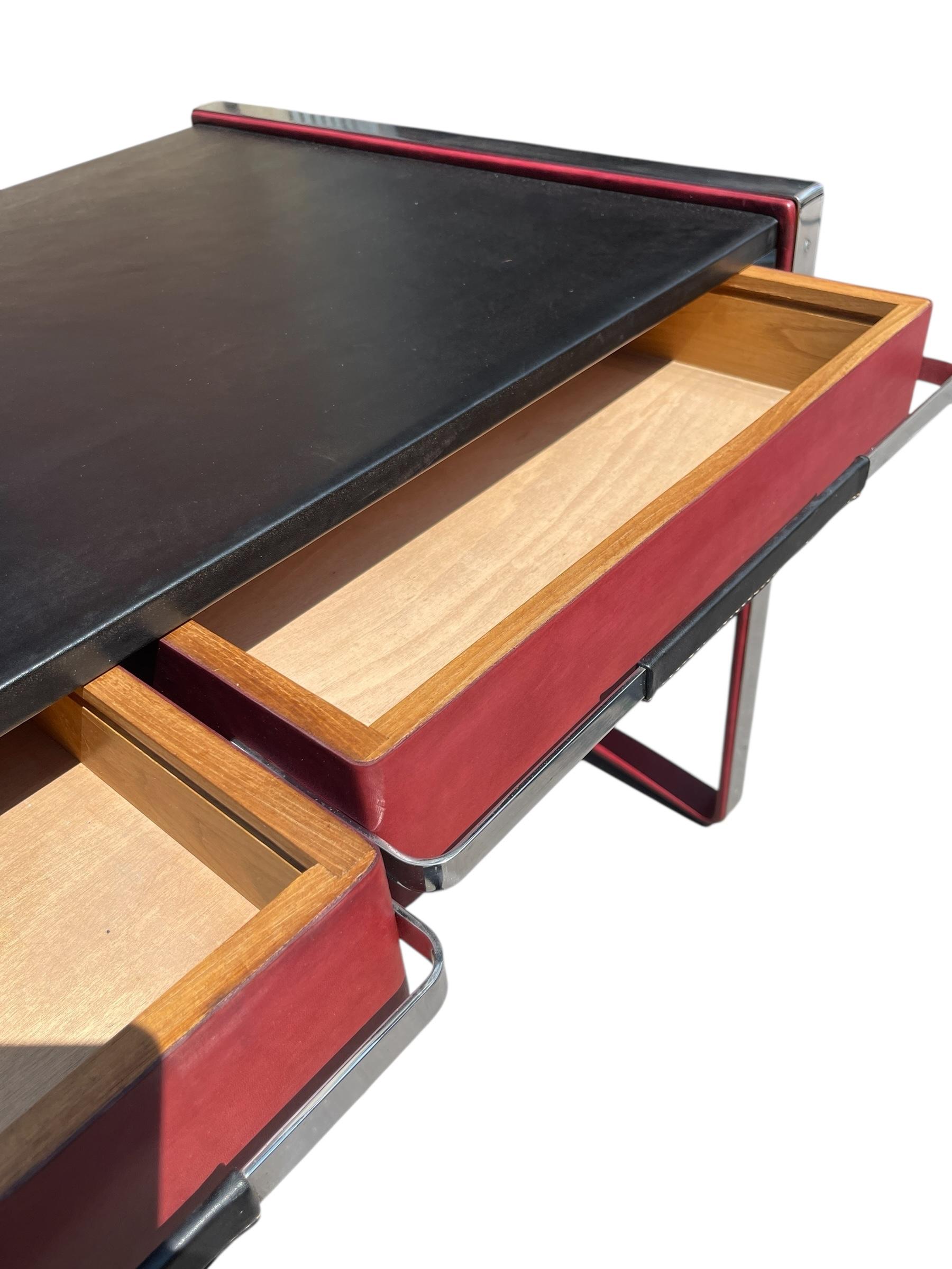 European 1960's Stitched leather desk by Jacques Adnet For Sale