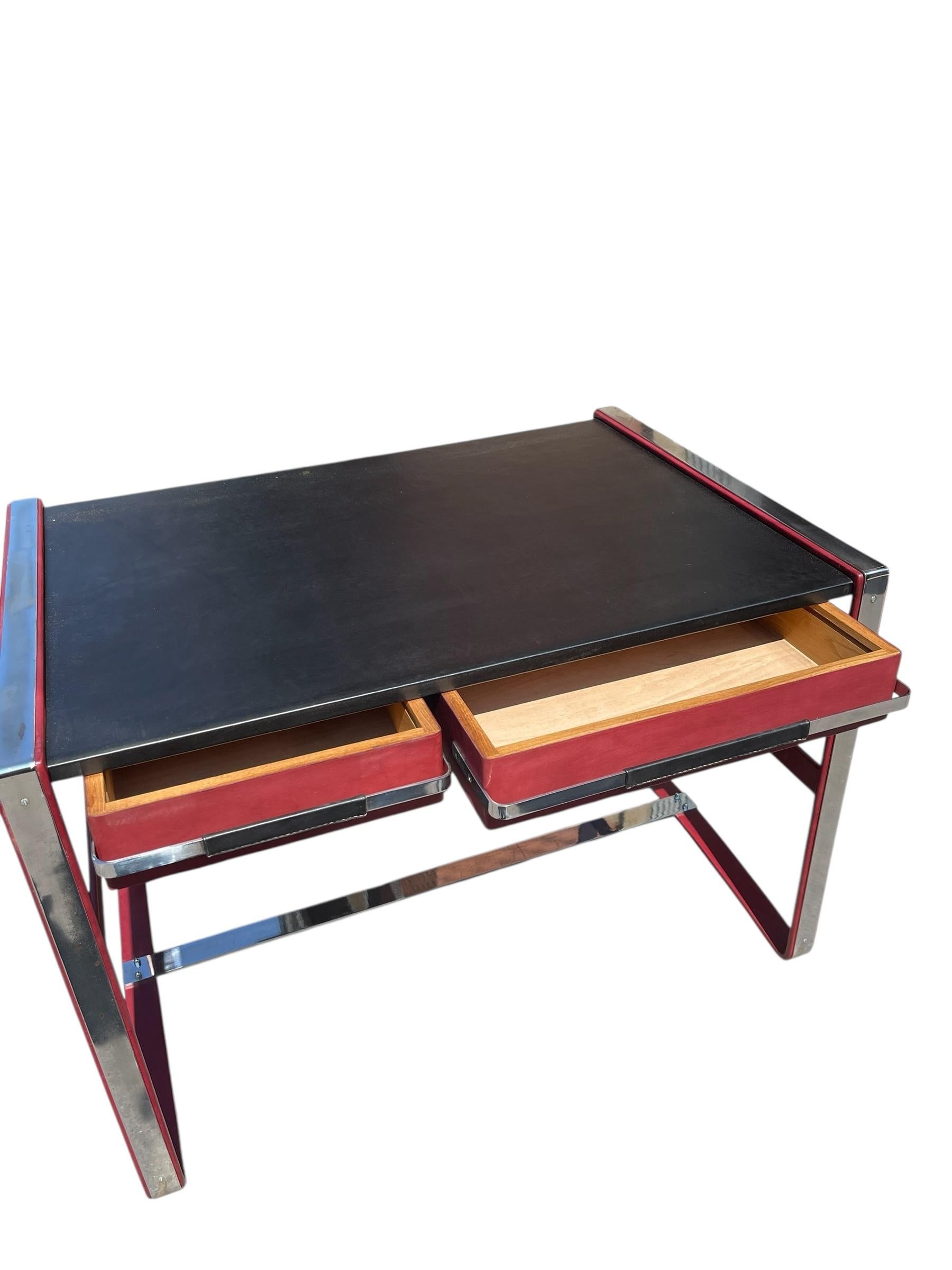 Metal 1960's Stitched leather desk by Jacques Adnet For Sale