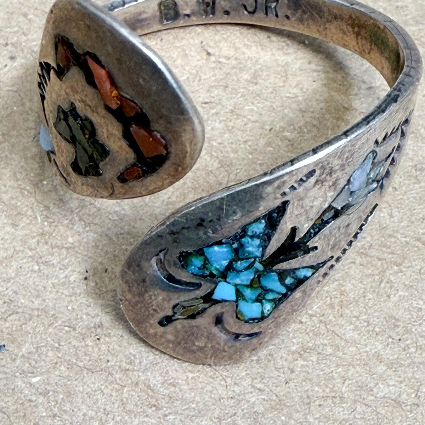 Mid-Century Modern 1960s Stone Inlay Silver Wrap Ring Bryant Waatsa Jr Native Zuni For Sale