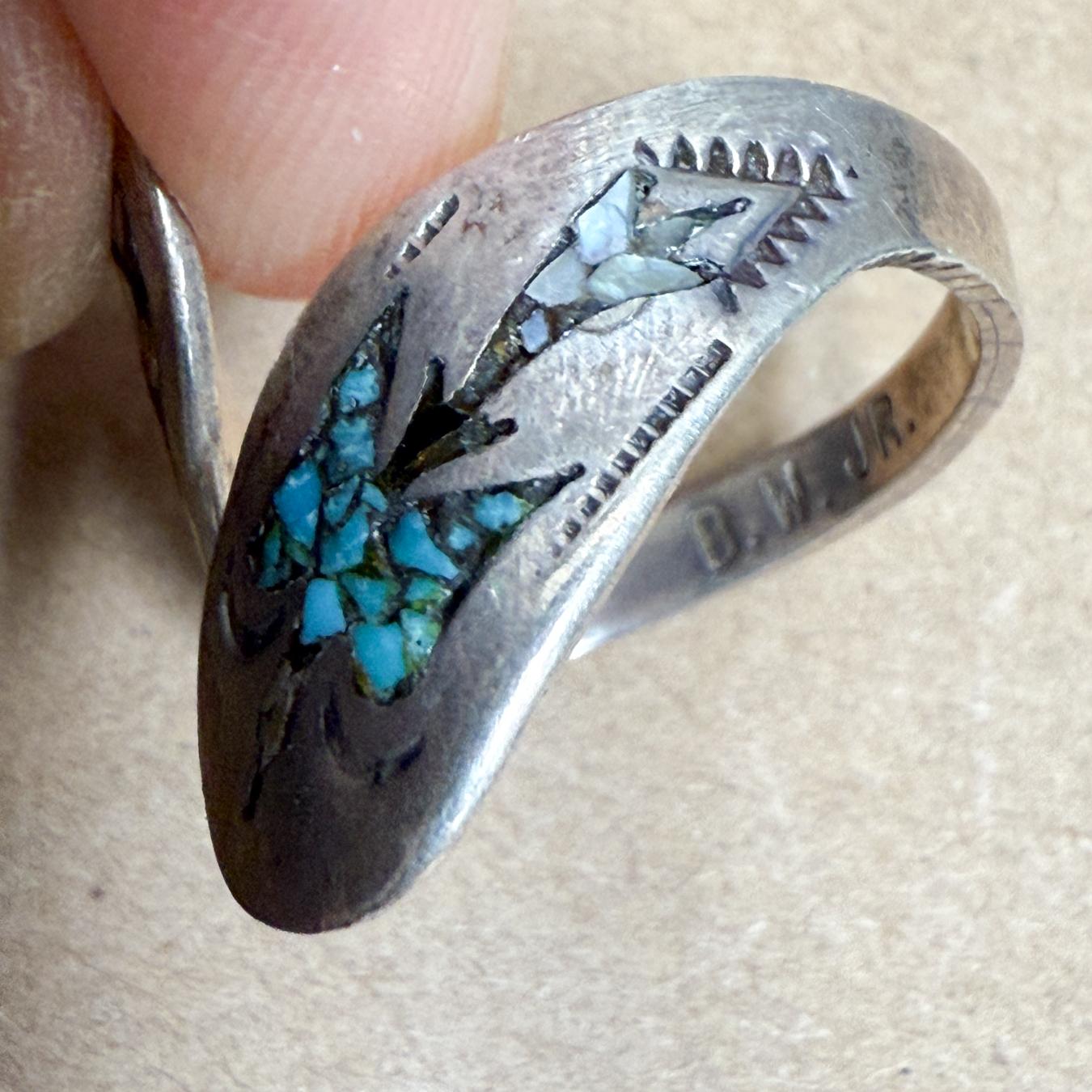20th Century 1960s Stone Inlay Silver Wrap Ring Bryant Waatsa Jr Native Zuni For Sale