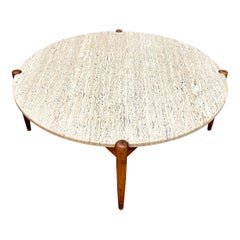1960s Stone Oak Brass Coffee Table Vintage Mid-Century Danish, Sarasota Style