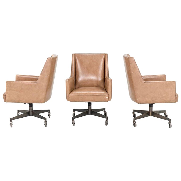 1960s Stow Davis Office Desk Chairs in Tan Leather w/ Bronze Bases