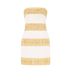 Retro 1960s Strapless White and Gold Striped Crochet Raffia Dress