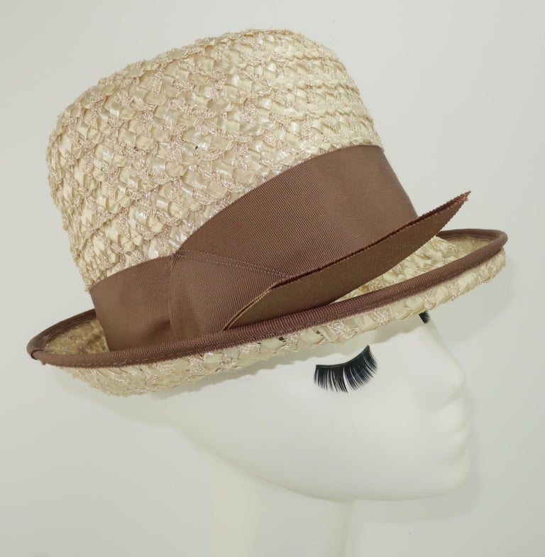 Beige 1960's Straw Fedora Style Hat For Sale
