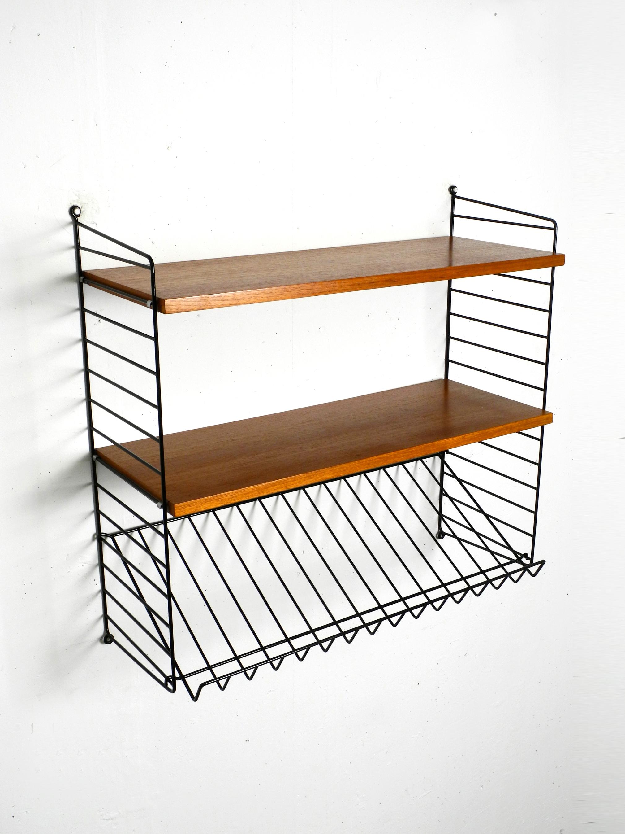 Mid-Century Modern 1960s String Teak String Shelf with Two Deep Shelves and One Magazine Rack