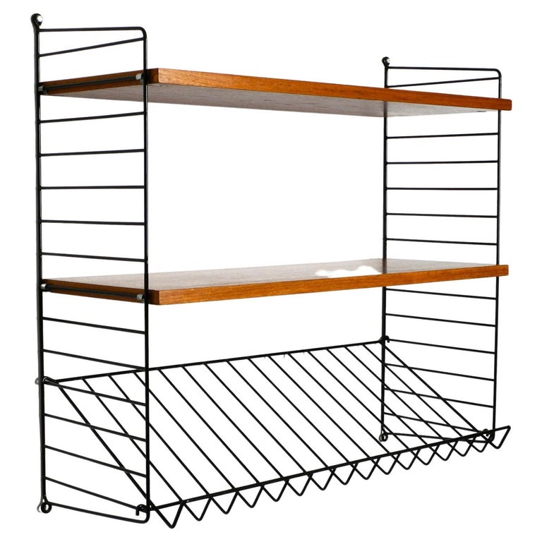 1960s String Teak String Shelf with Two Deep Shelves and One Magazine Rack For Sale at 1stDibs