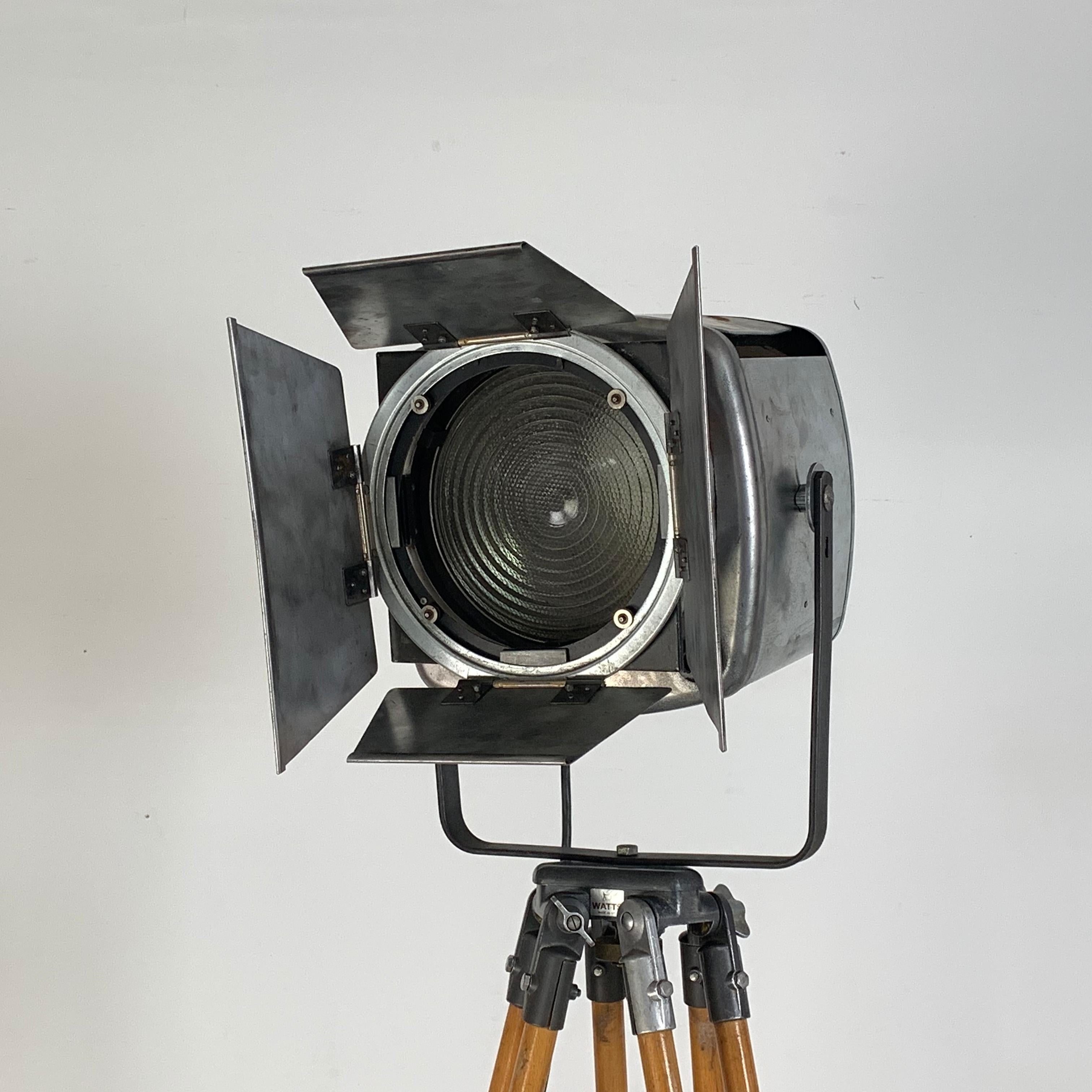 1960s Stripped and Polished Strand 743 Theatre Light on Vintage Wooden Tripod For Sale 1