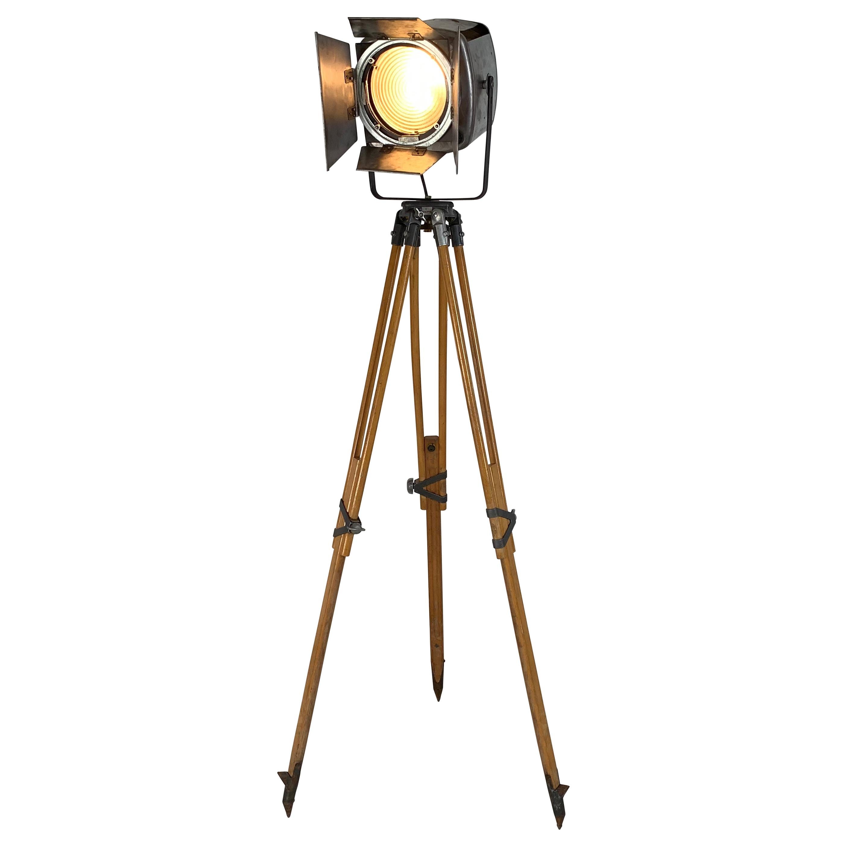 1960s Stripped and Polished Strand 743 Theatre Light on Vintage Wooden Tripod For Sale