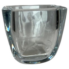 1960s Strombergshyttan Modernist Small Glass Vase Etched Crystal Art Sweden