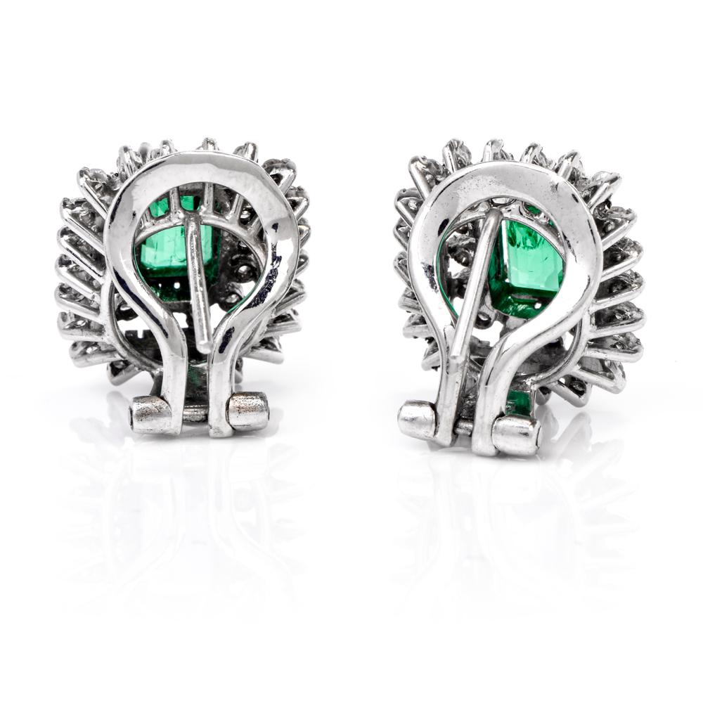 1960s Stud Emerald Diamond 18 Karat White Gold Clip Back Earrings In Excellent Condition In Miami, FL