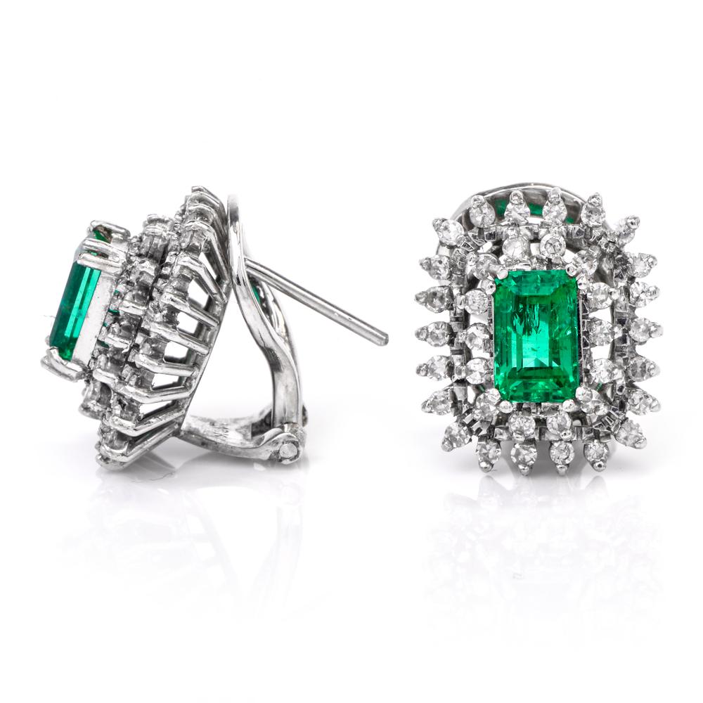 Women's 1960s Stud Emerald Diamond 18 Karat White Gold Clip Back Earrings