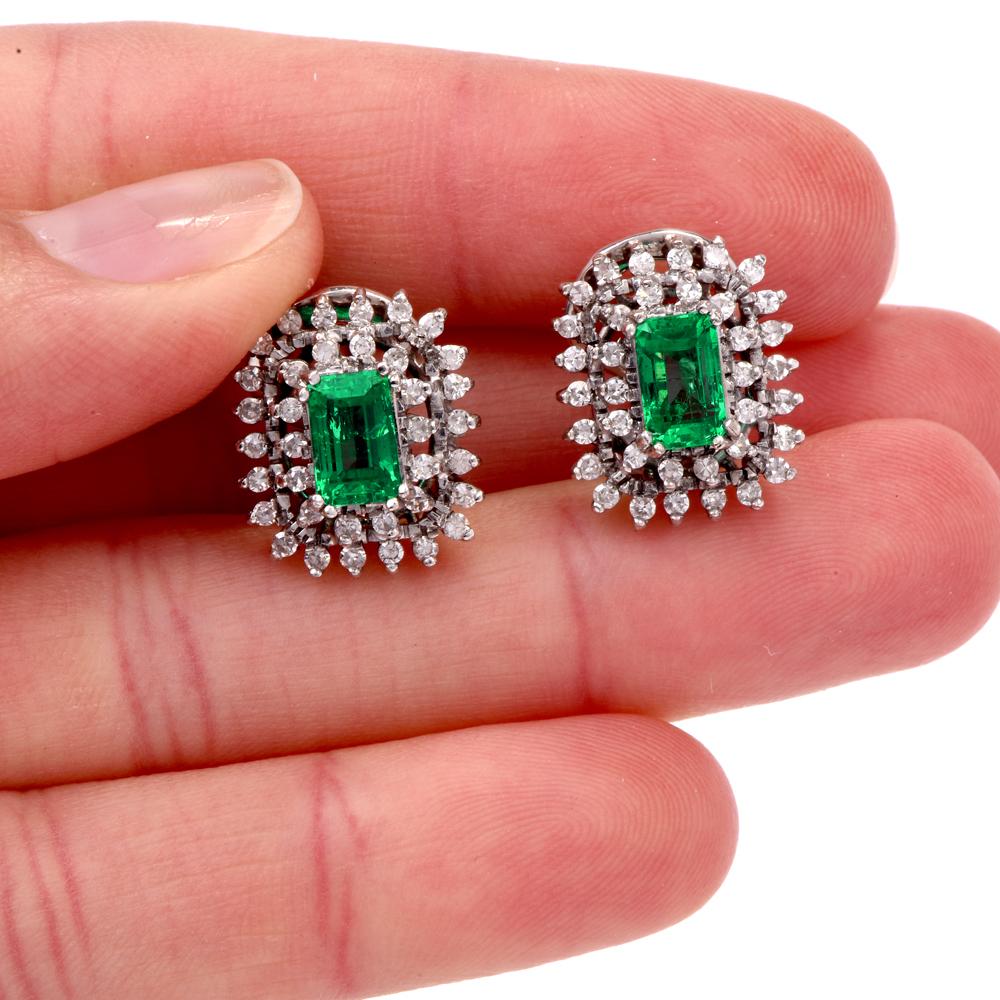 1960s Stud Emerald Diamond 18 Karat White Gold Clip Back Earrings 1