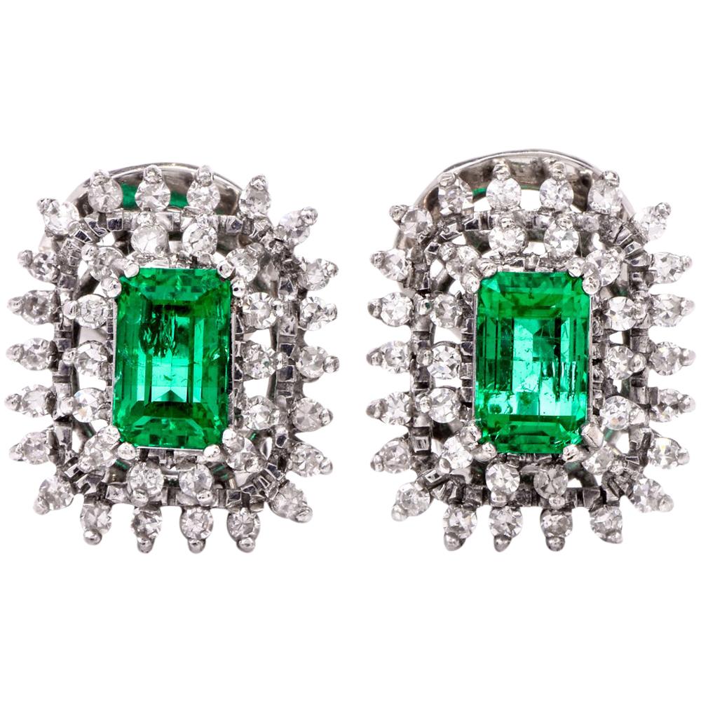 1960s Stud Emerald Diamond 18 Karat White Gold Clip Back Earrings