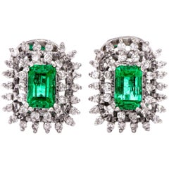1960s Stud Emerald Diamond 18 Karat White Gold Clip Back Earrings