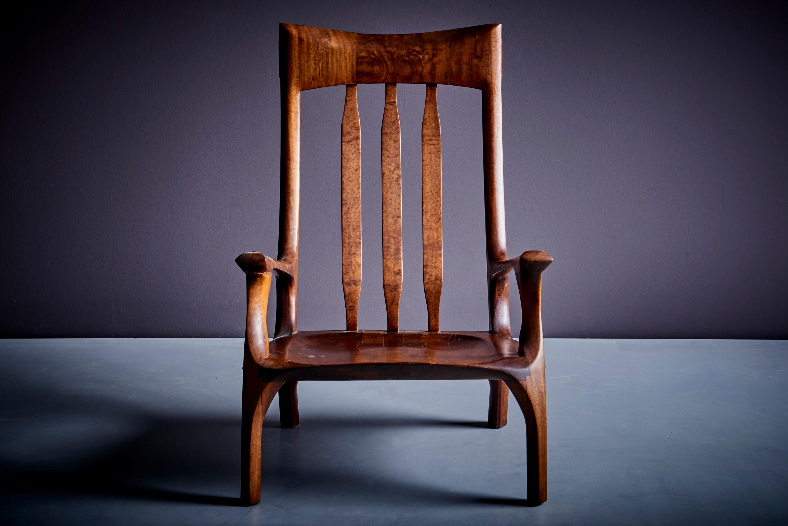Extraordinary 1960s studio lounge chair designed by J. Benjamin Rouzie. Built by Ben Rouzie and Bob Kopf, a North Carolina fine woodworker, for his wife Miriam Silverman Rouzie, approximately 1970 for there living room space at 804 Kenwick Drive,