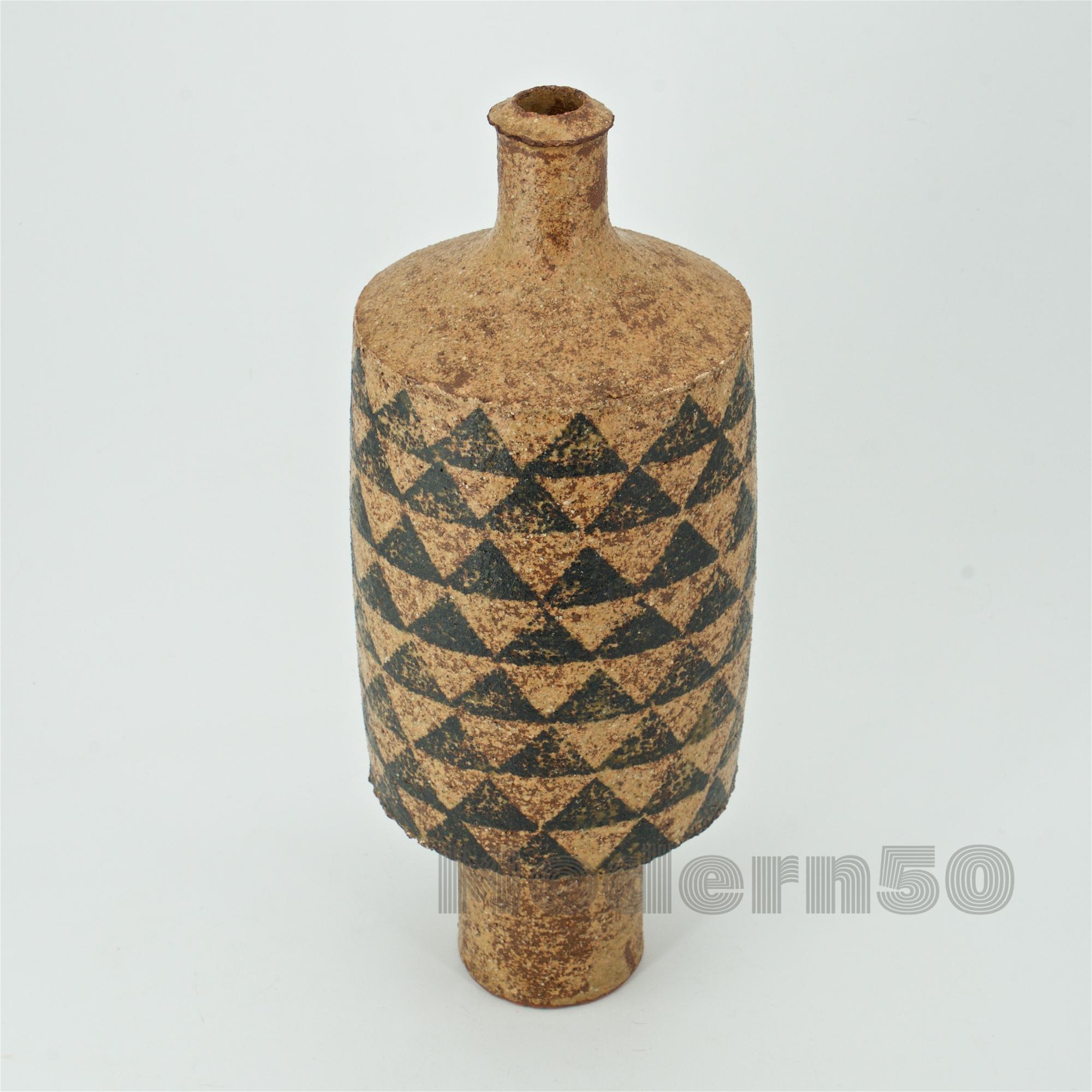 Glazed 1960s Studio Stoneware Totem Bottle Geometric Pattern Scandinavian Craft Rustic For Sale