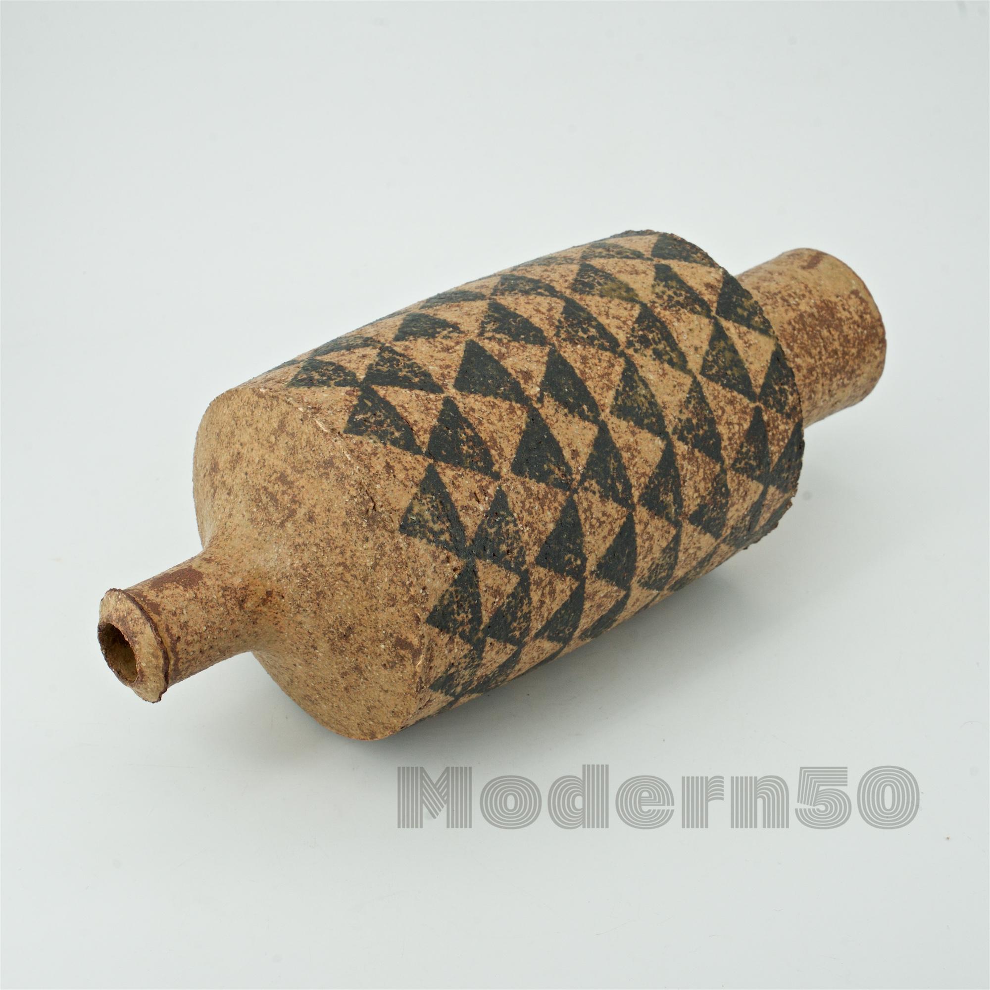 1960s Studio Stoneware Totem Bottle Geometric Pattern Scandinavian Craft Rustic In Fair Condition For Sale In Hyattsville, MD
