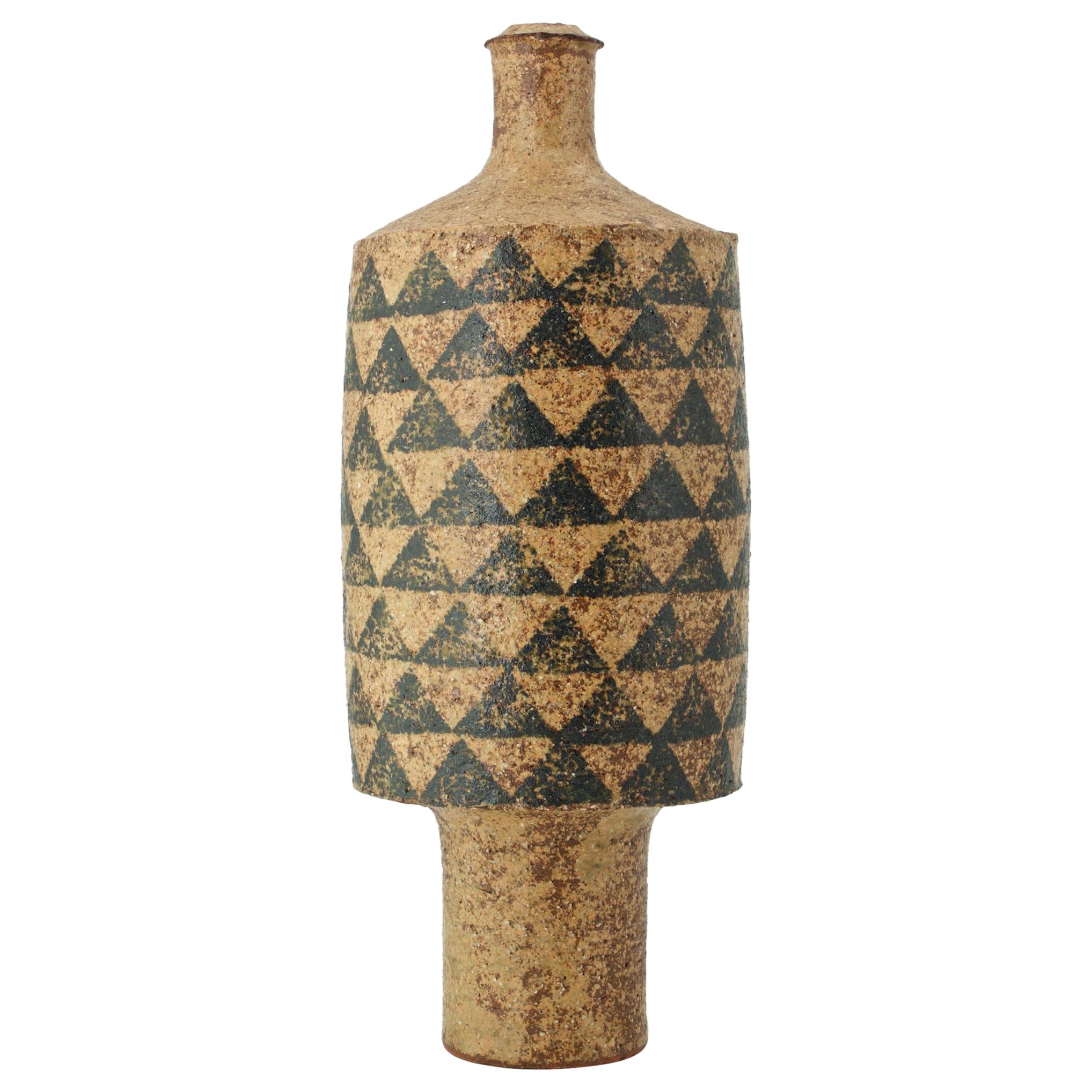 1960s Studio Stoneware Totem Bottle Geometric Pattern Scandinavian Craft Rustic
