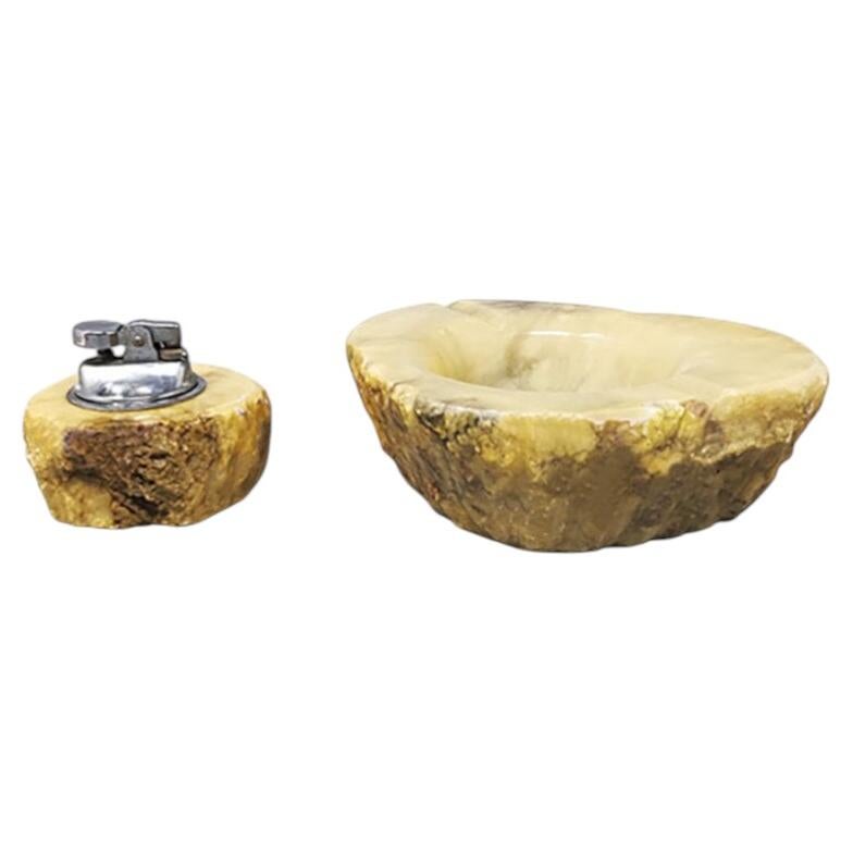 1960s Romano Bianchi Alabaster Smoking Set: Handmade Ashtray & Lighter