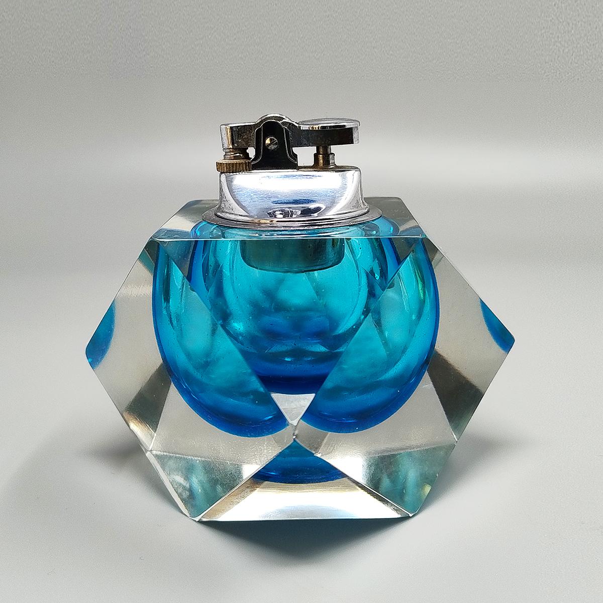 Mid-Century Modern 1960s Stunning Blue Table Lighter in Murano Sommerso Glass By Flavio Poli