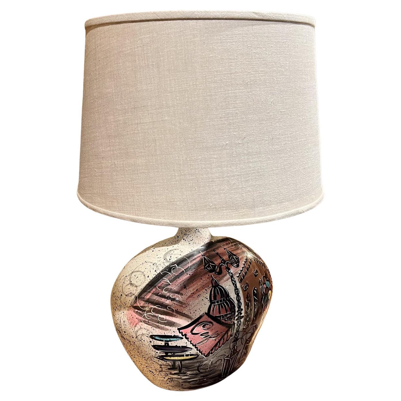 1960s Style Guido Gambone Hand Painted Italian Ceramic Table Lamp 