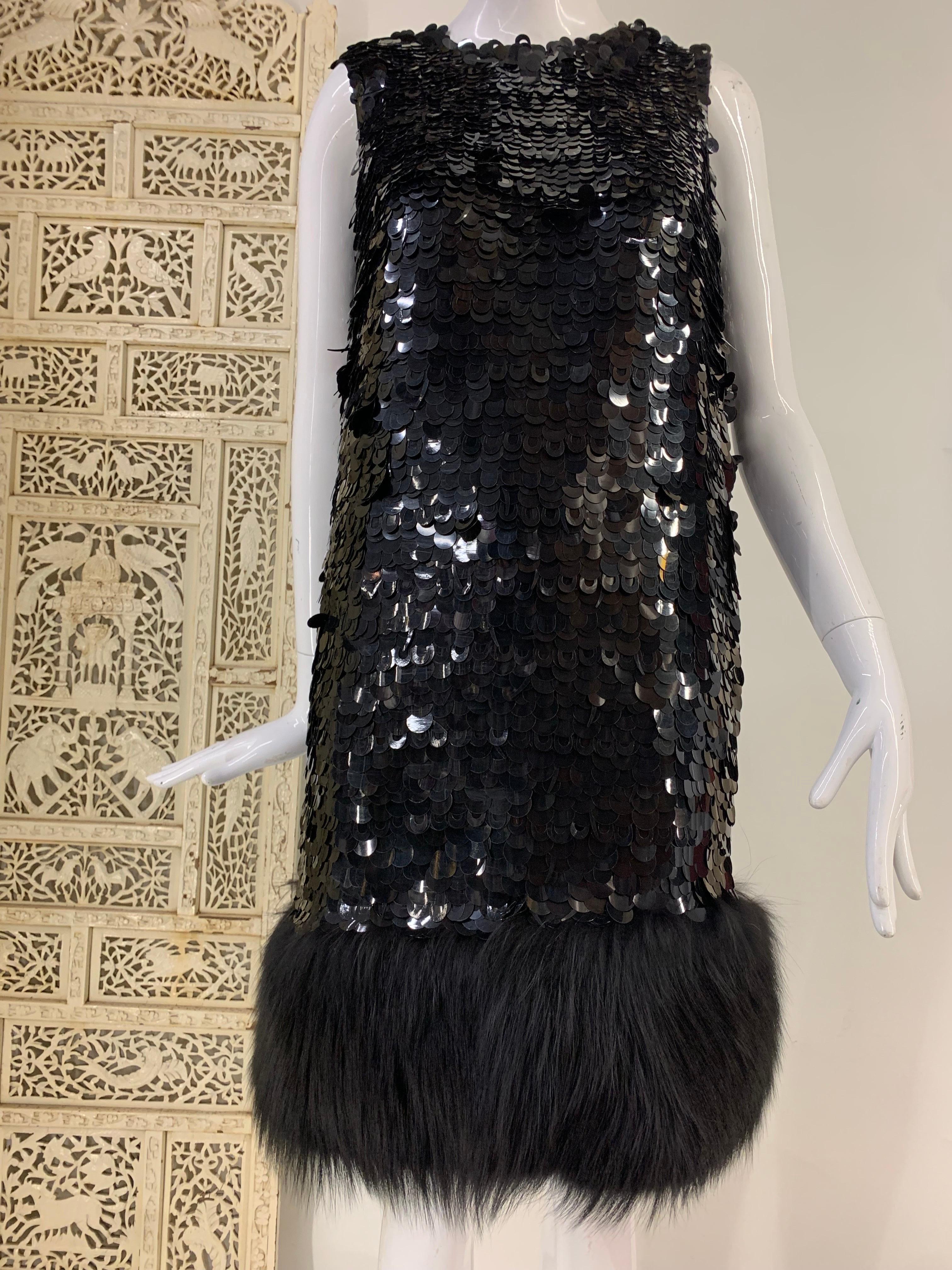 1960s Style Little Black Dress with Paillettes and Fox Fur Trim For Sale 7