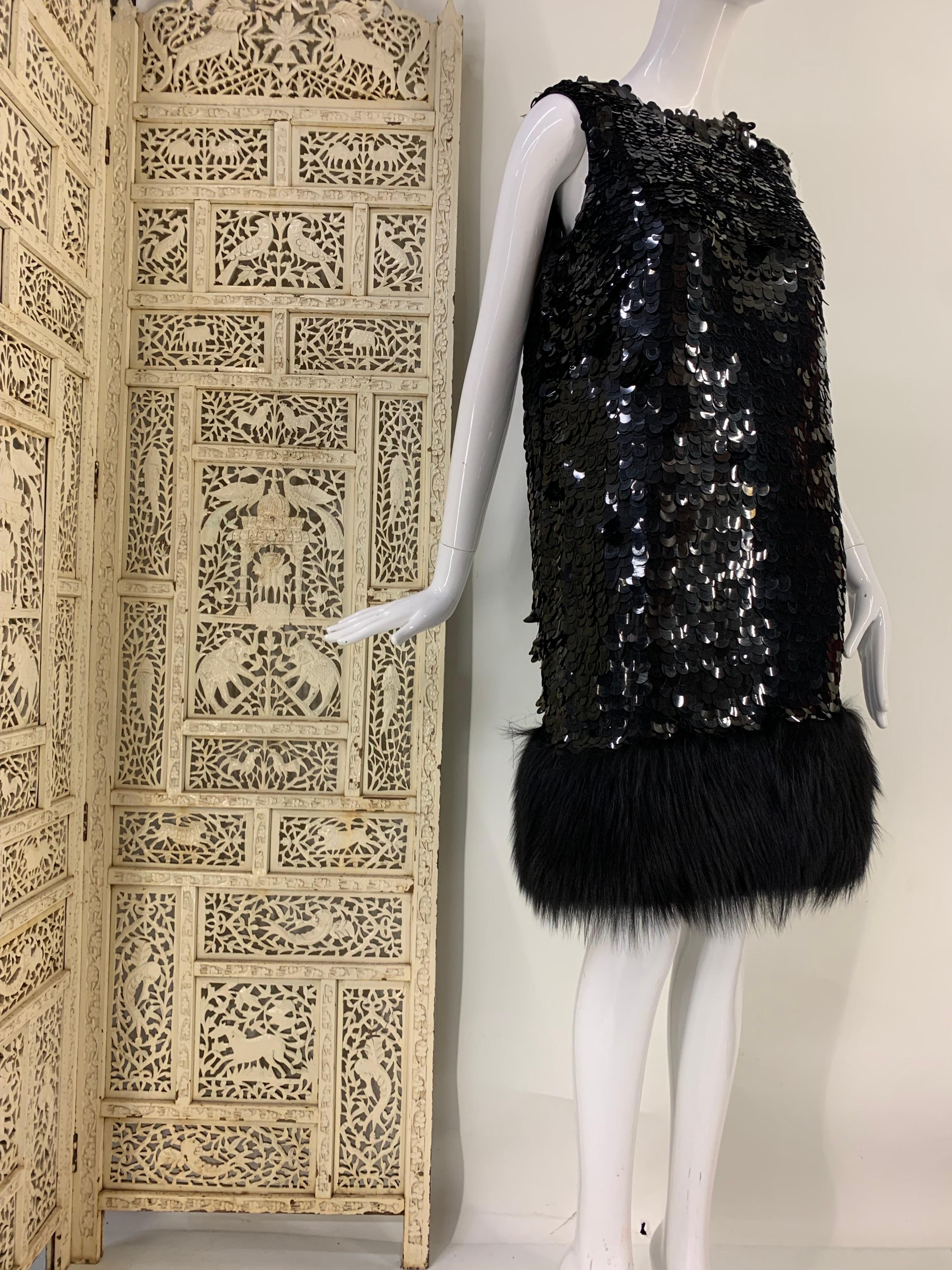 1960s Style Little Black Dress with Paillettes and Fox Fur Trim In Excellent Condition For Sale In Gresham, OR