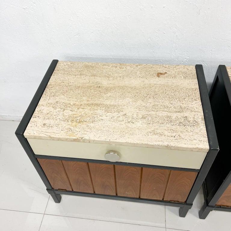 1960s Stylish Drexel Nightstands Two-Tone Travertine & Wood Cabinet End Tables 5