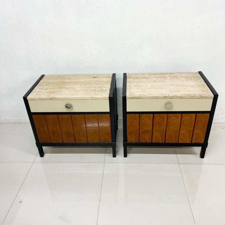1960s Stylish Drexel Nightstands Two-Tone Travertine & Wood Cabinet End Tables 7