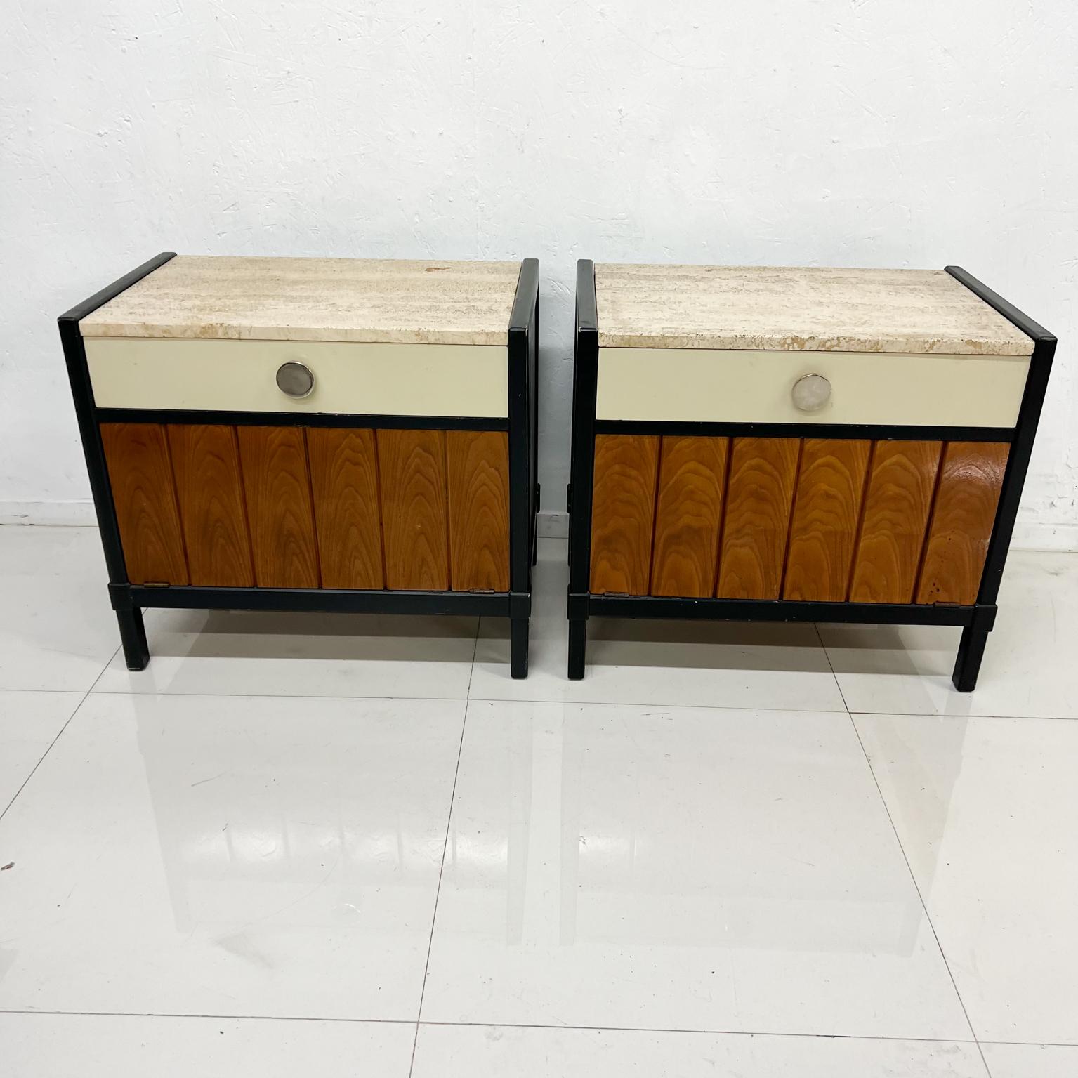Pair of nightstands by Drexel with Travertine top. 
Top drawer with double dove tail construction. 
 Two tone combination color.
Measures: 23 tall x 25.75 width x 16.75 depth 13.75 depth x 22.5 width x 2.5 Storage 15 depth x 24 width. X 10.5
