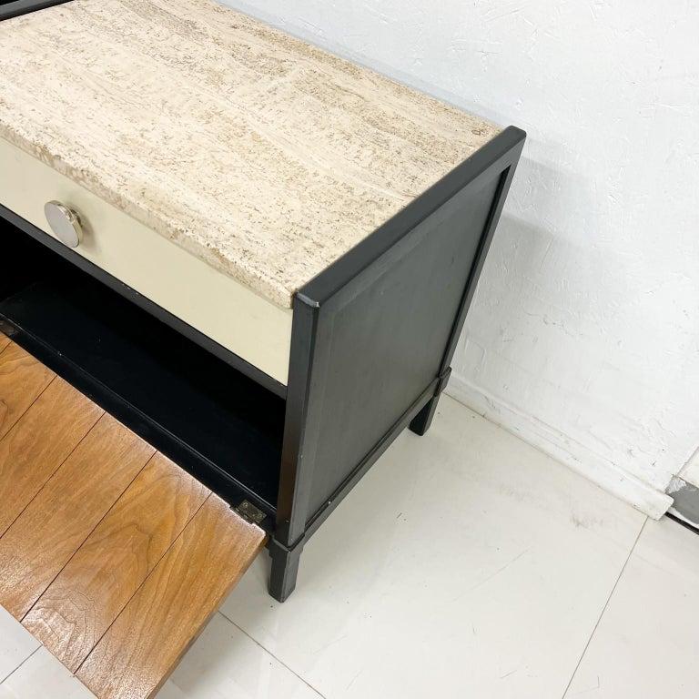 Vintage nightstands by Drexel. 
Top drawer with double dove tail construction. 
Two tone color.
Measures: 23 tall x 25.75 width x 16.75 depth 13.75 depth x 22.5 width x 2.5 Storage 15 depth x 24 width. X 10.5 tall.
Durable travertine marble top