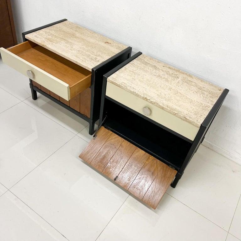 Mid-Century Modern 1960s Stylish Drexel Nightstands Two-Tone Travertine & Wood Cabinet End Tables